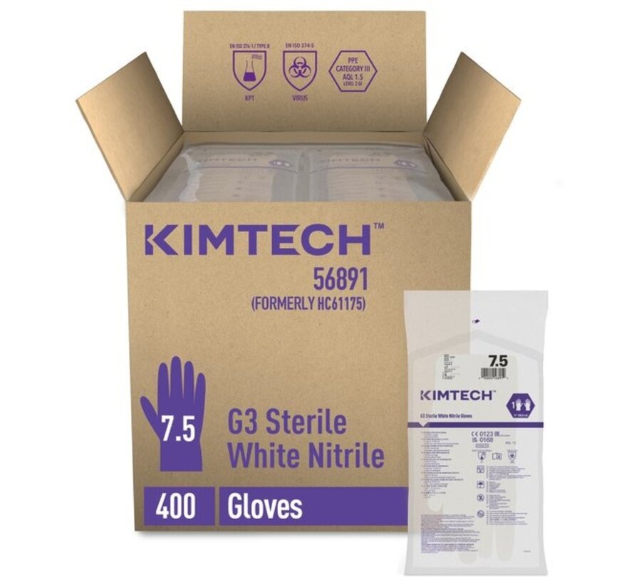 Sterile Kimtech (Kimberly-Clark) G3 cleanroom gloves 300mm Nitrile White 200 pairs