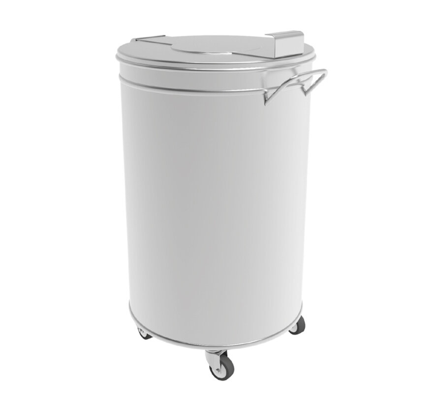 Round stainless steel cleanroom waste bin on wheels