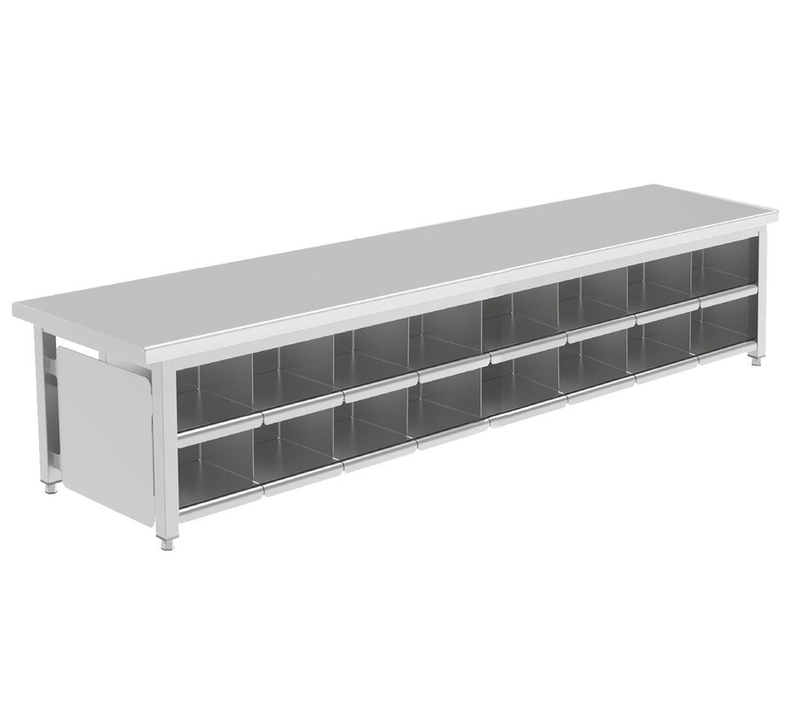 Stainless steel cleanroom gowning bench with 8 to 40 shoe compartments on both sides PREMIUM