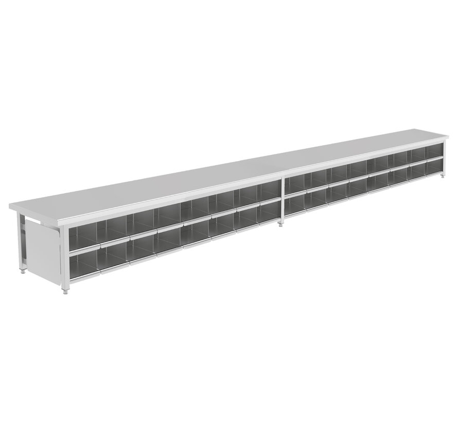 Stainless steel cleanroom gowning bench with 8 to 40 shoe compartments on both sides PREMIUM