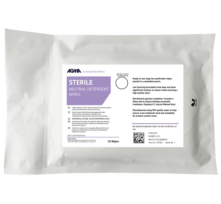 Sterile - AGMA Neutral Detergent - Impregnated 68 GSM Wipes (10 x 10 pieces)