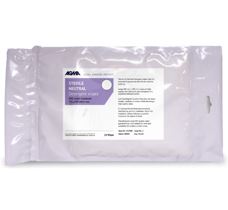 Sterile - AGMA Neutral Detergent - Impregnated 68 GSM Wipes (10 x 10 pieces)