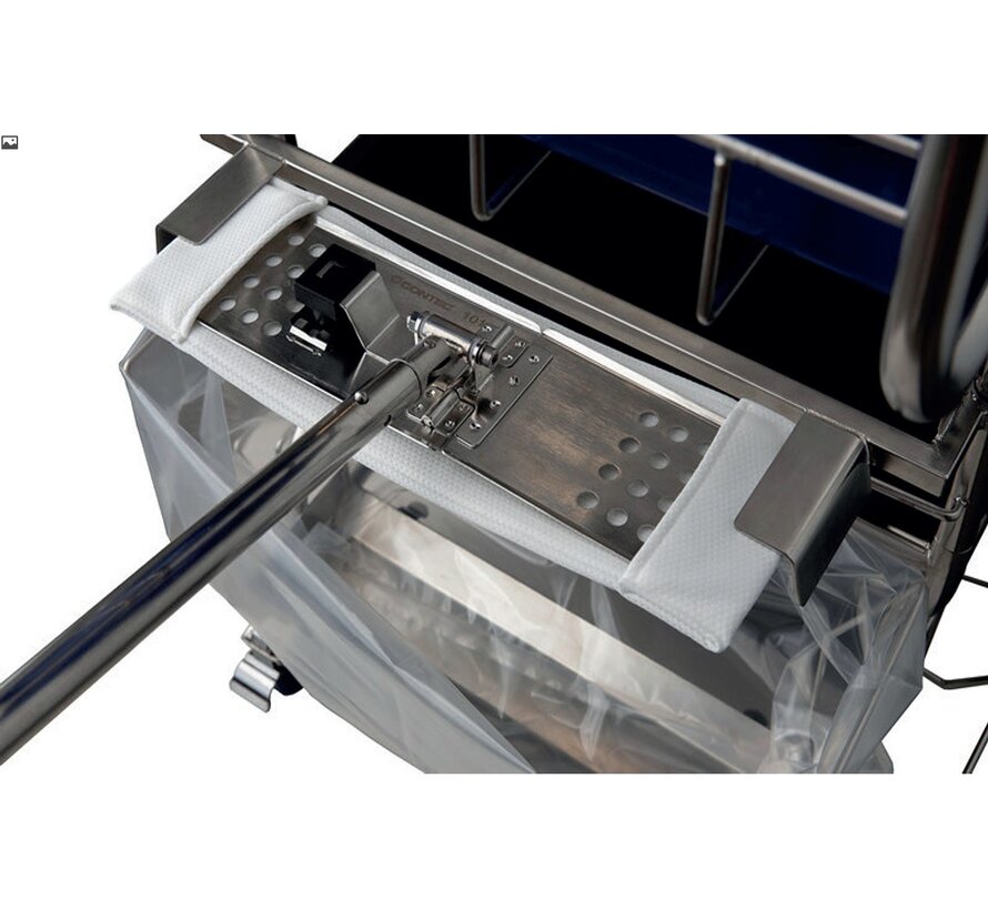 Hands-free mop saturation system two stainless steel buckets