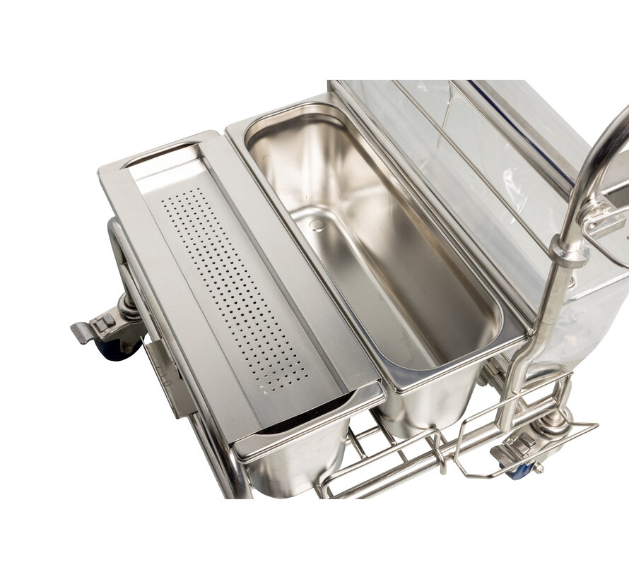 Hands-free mop saturation system two stainless steel buckets