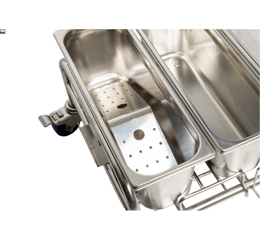 Hands-free mop saturation system two stainless steel buckets