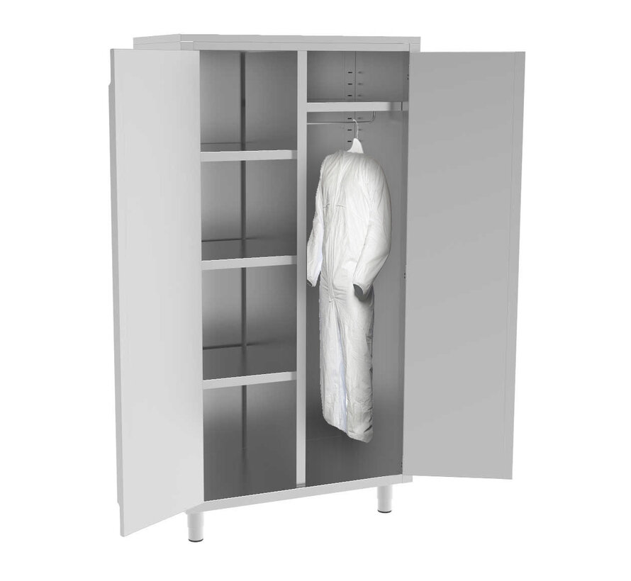 Stainless steel tall cupboard with shelves and hanging section PREMIUM