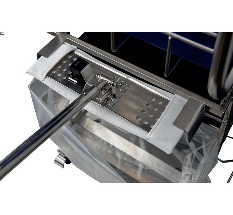 Hands-free mop saturation system two stainless steel buckets
