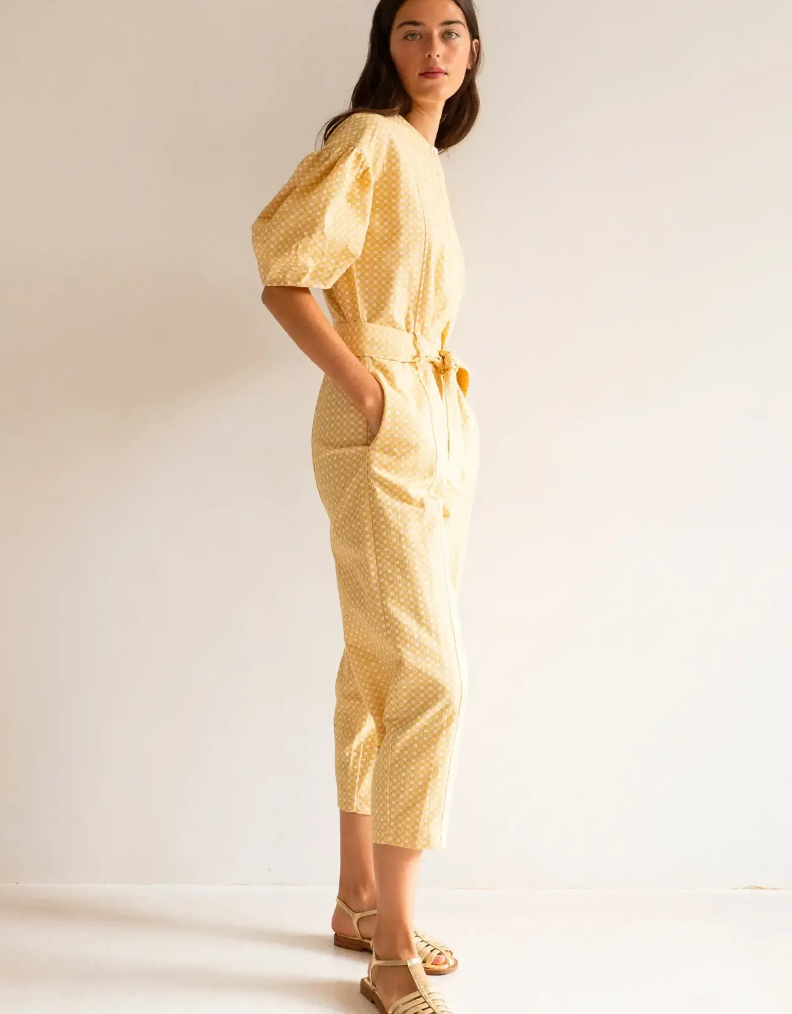 The Tiny Big Sister Jumpsuit 'Jacquard' - Off White/Pale Ochre - The Tiny Big Sister