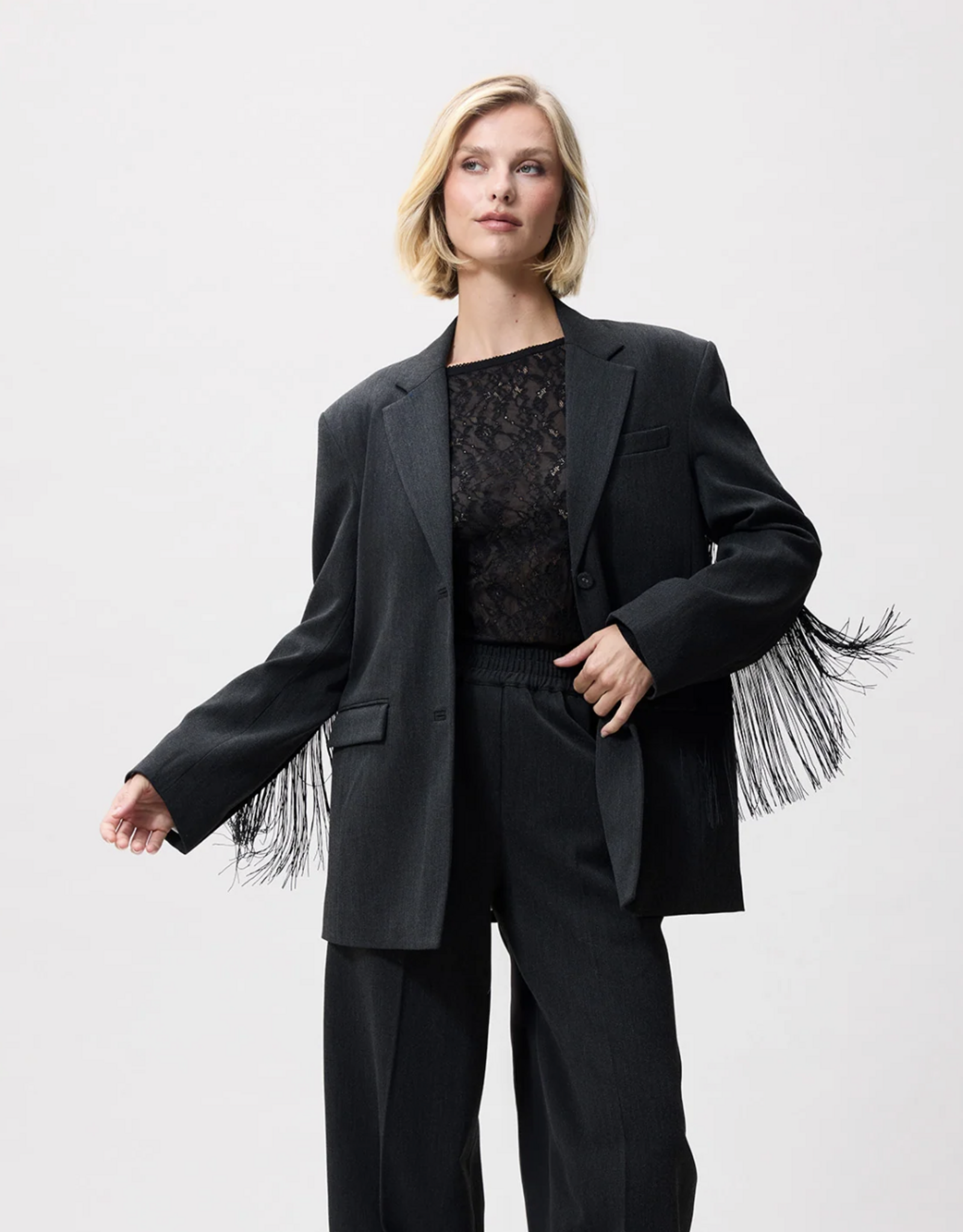Catwalk Junkie Blazer 'Oversized With Detachable Fringes' - Dark Grey Melange - Catwalk Junkie