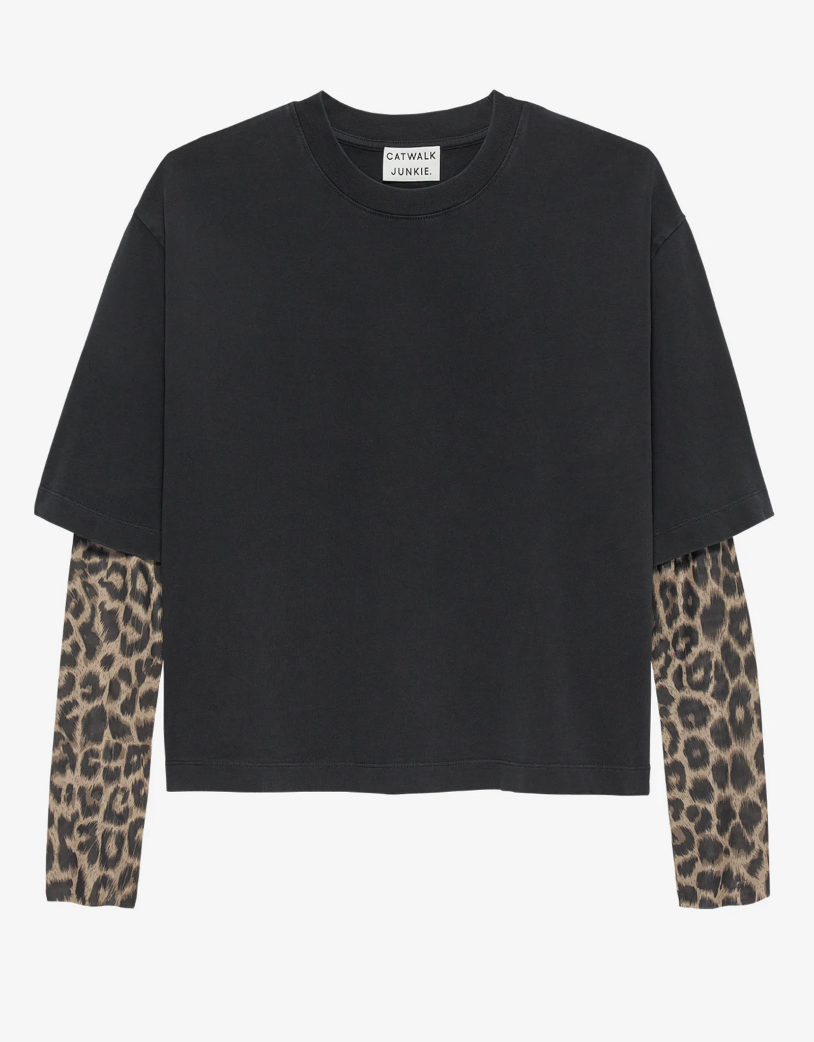 Catwalk Junkie T-Shirt Leopard Sleeves 'Loose Fit' - Faded Dark Grey - Catwalk Junkie