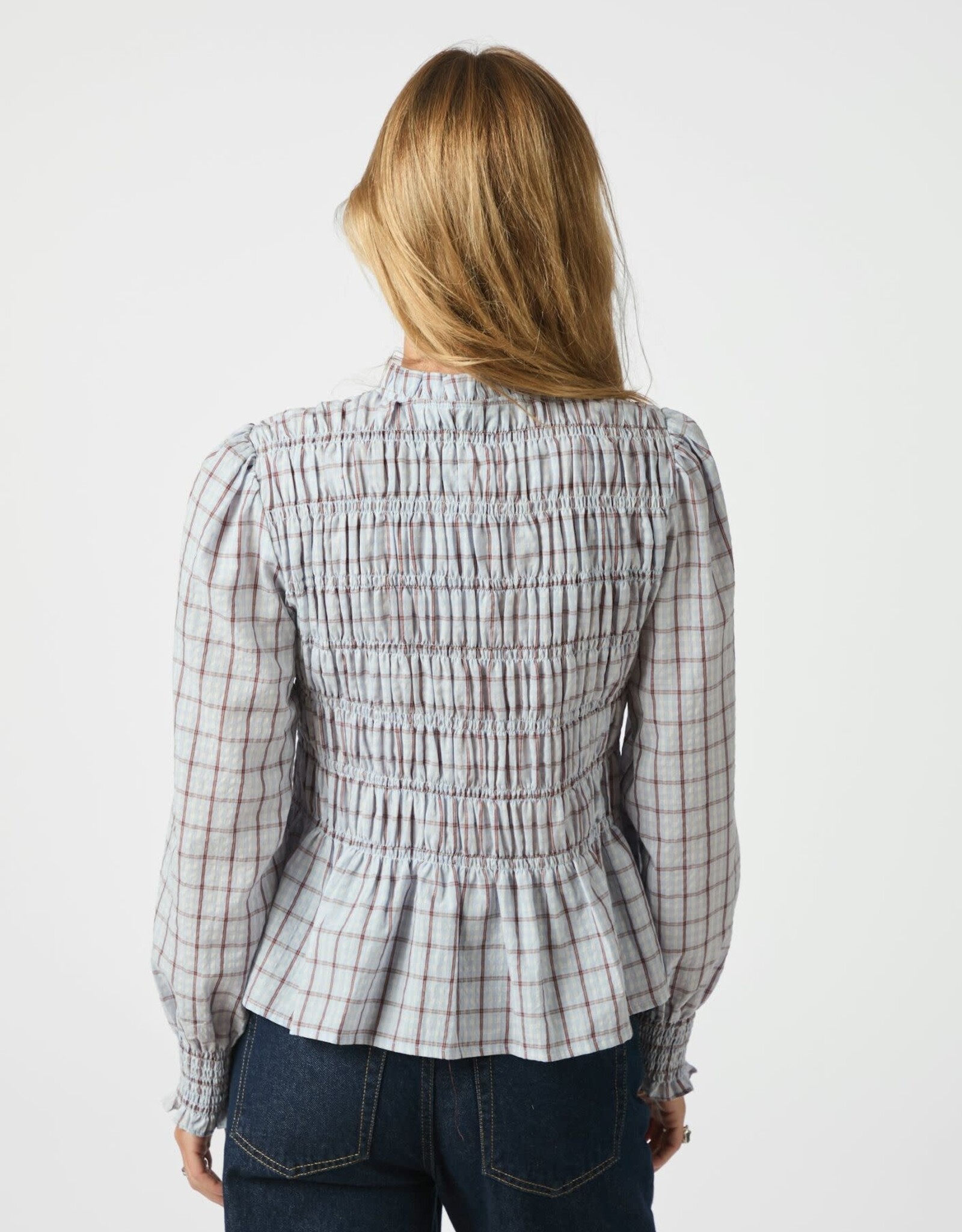 Blouse Smock Check 'Mocca' - Light Blue - Neo Noir