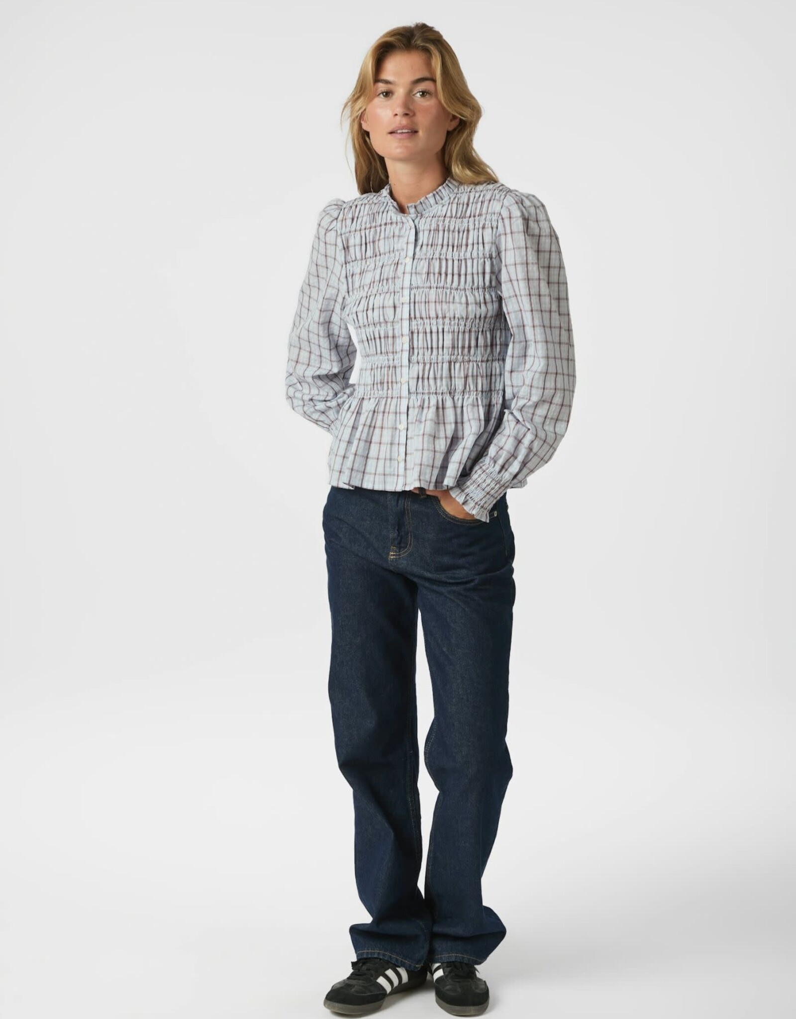 Blouse Smock Check 'Mocca' - Light Blue - Neo Noir