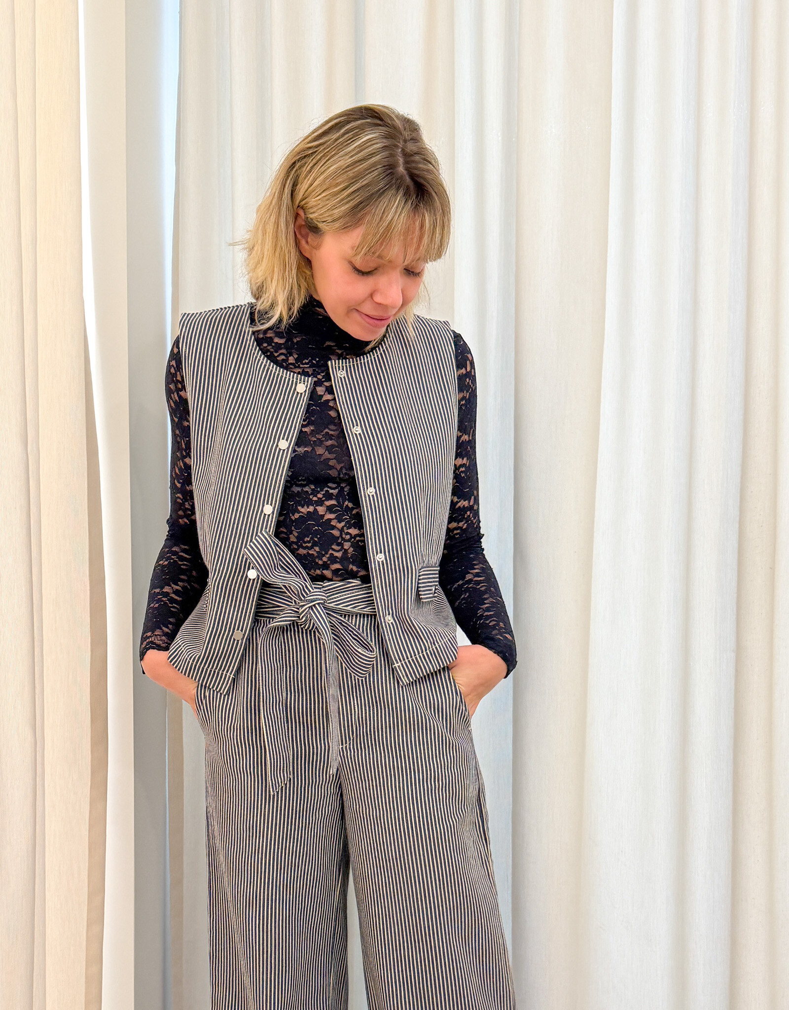 The Tiny Big Sister Waistcoat Striped 'Twill' -  Light Navy - The Tiny Big Sister