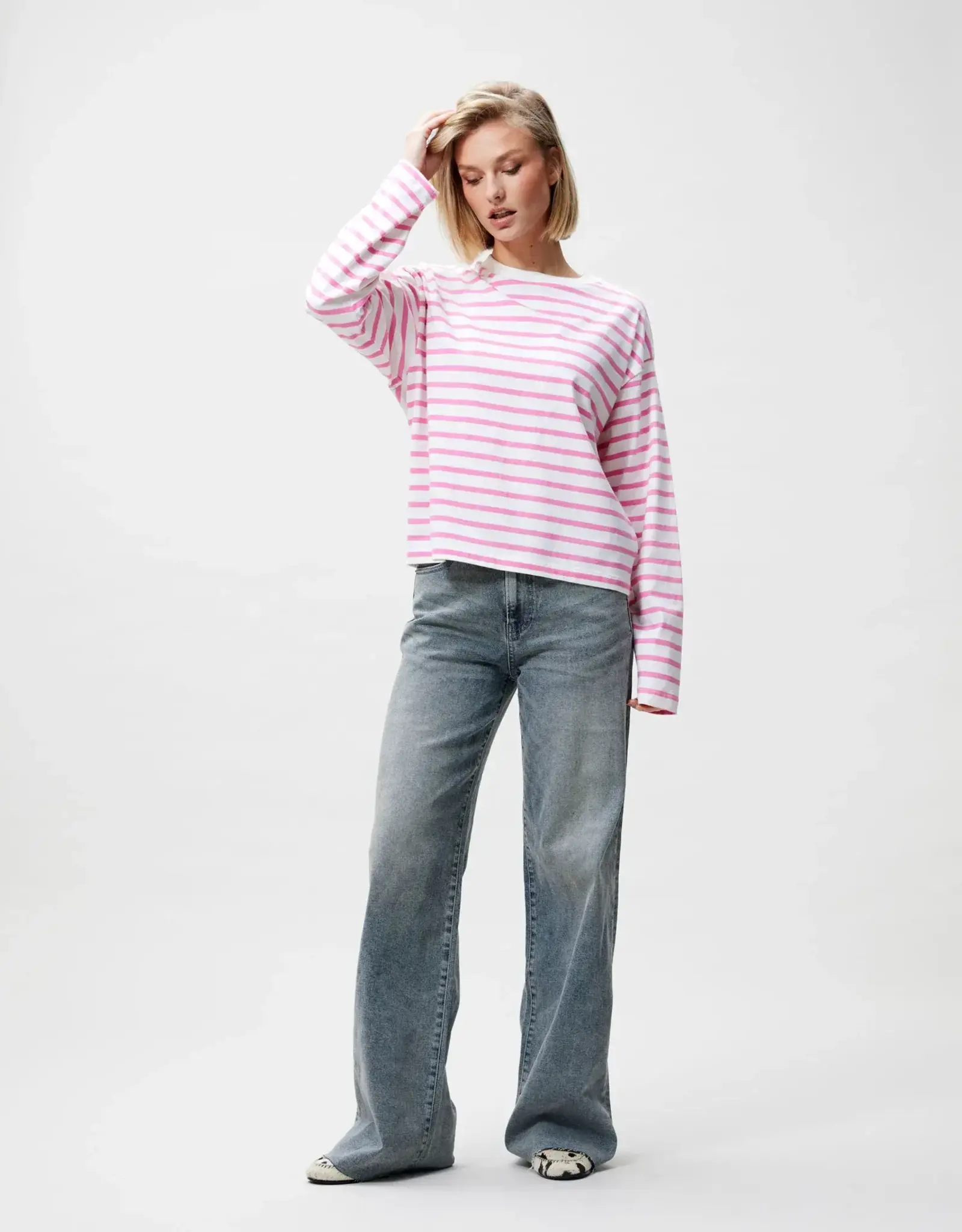 Catwalk Junkie T-Shirt Lange Mouw 'Striped' - Rosebloom - Catwalk Junkie