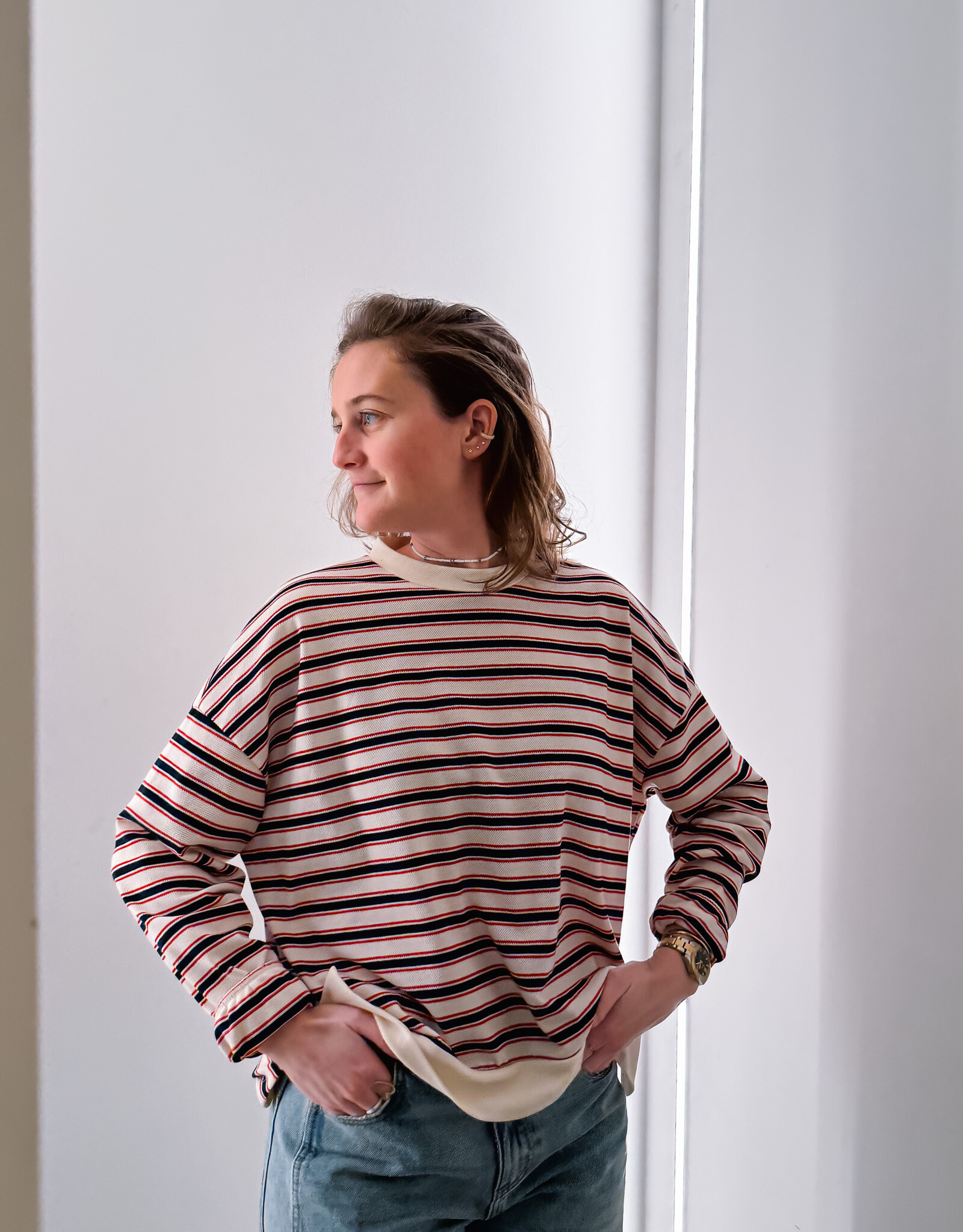 The Golden House Joh T-Shirt Stripe Long Sleeve  'Alexine' - Navy  - One Size