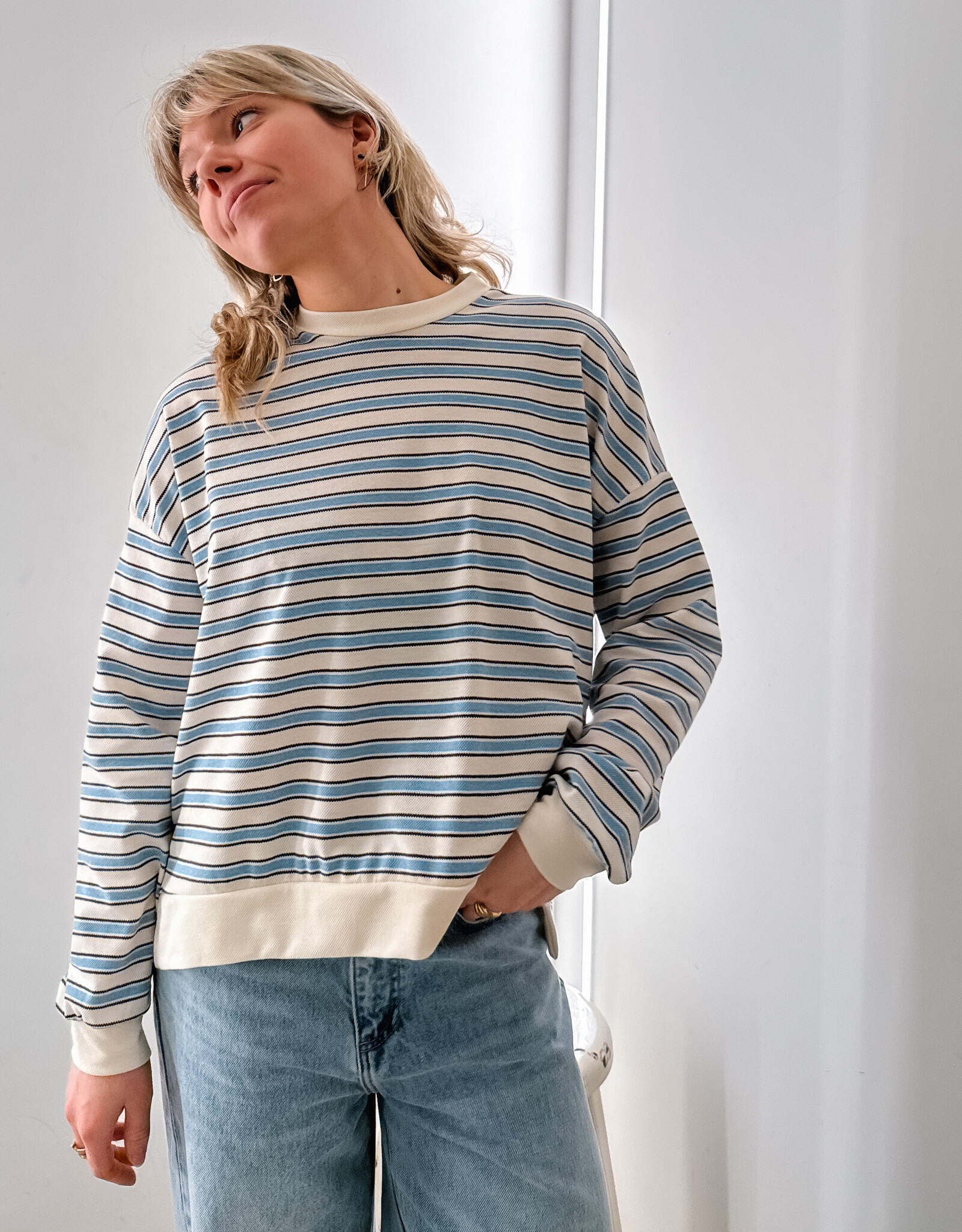 The Golden House Joh T-Shirt Stripe Long Sleeve  'Alexine' - Light Blue  - One Size