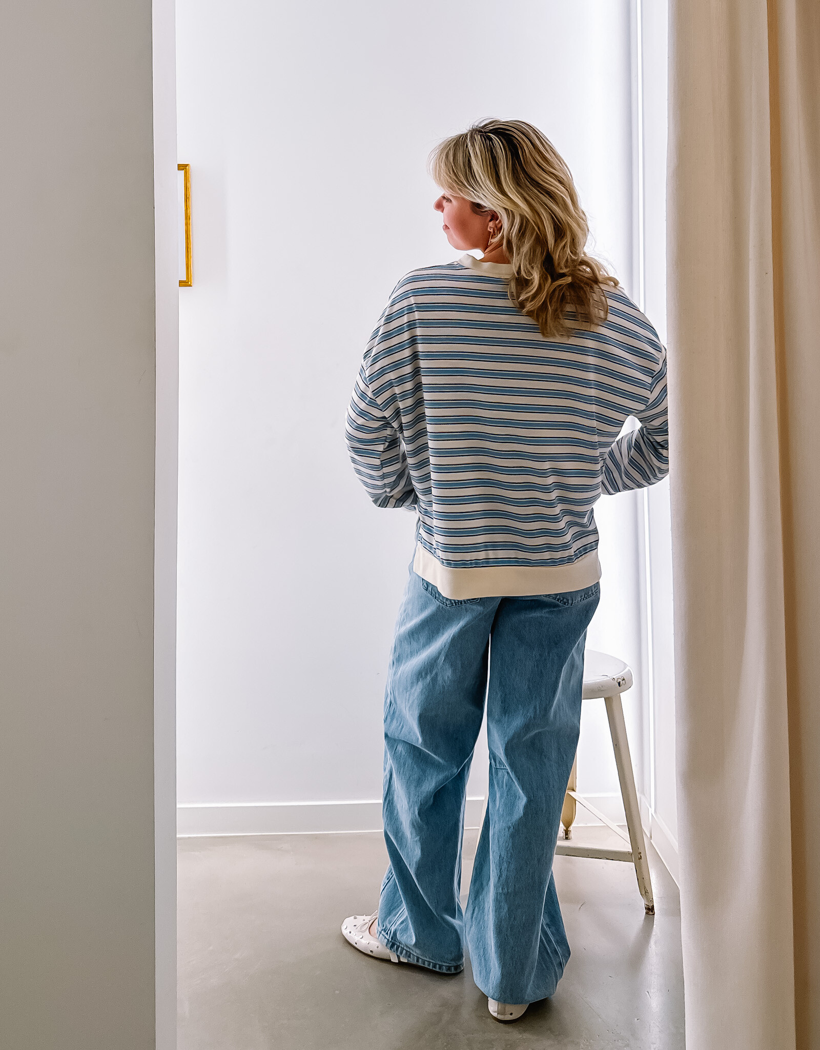 The Golden House Joh T-Shirt Stripe Long Sleeve  'Alexine' - Light Blue  - One Size