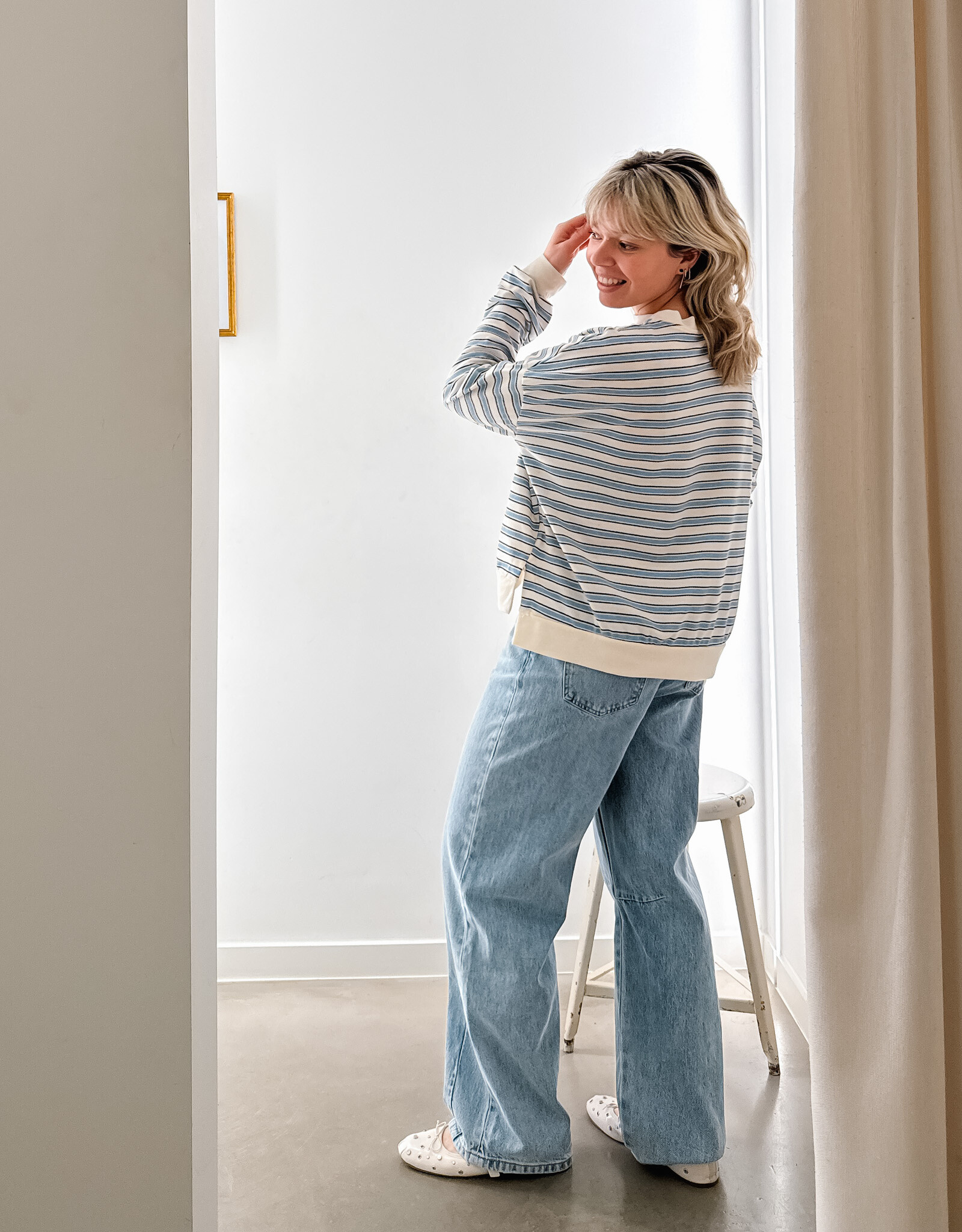 The Golden House Joh T-Shirt Stripe Long Sleeve  'Alexine' - Light Blue  - One Size