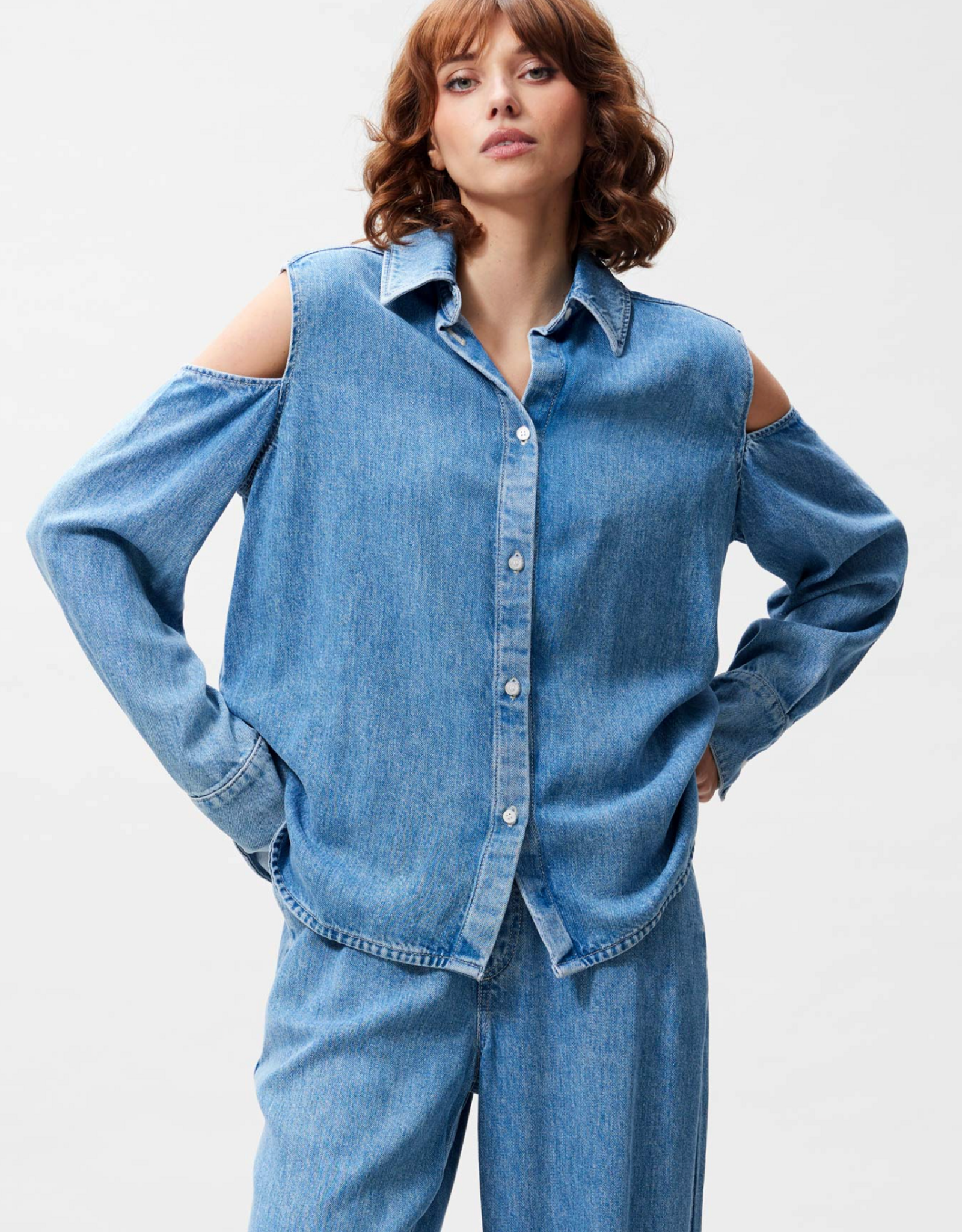 Catwalk Junkie Blouse Denim 'Open Shoulder' - Blue - Catwalk Junkie