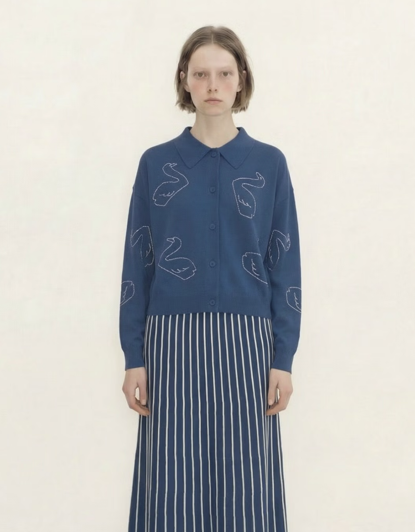 The Tiny Big Sister Cardigan Embroidered 'Swans' - Dark Blue -  The Tiny Big Sister