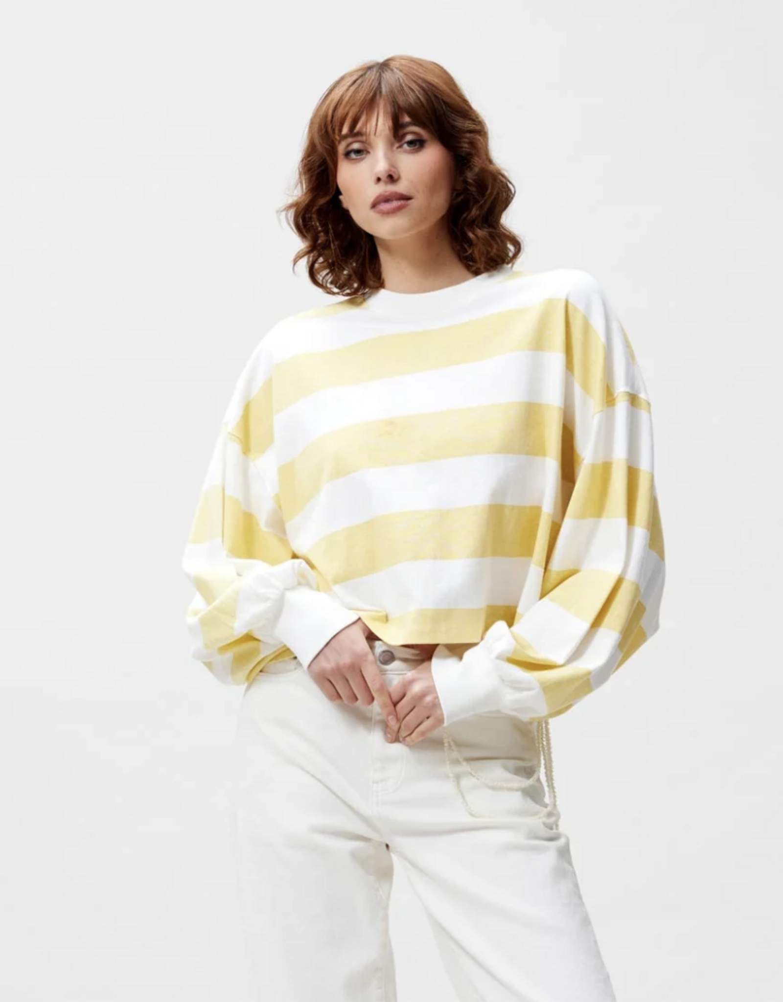 Catwalk Junkie T-Shirt Long Sleeve 'Oversized Striped' - Mellow Yellow - Catwalk Junkie