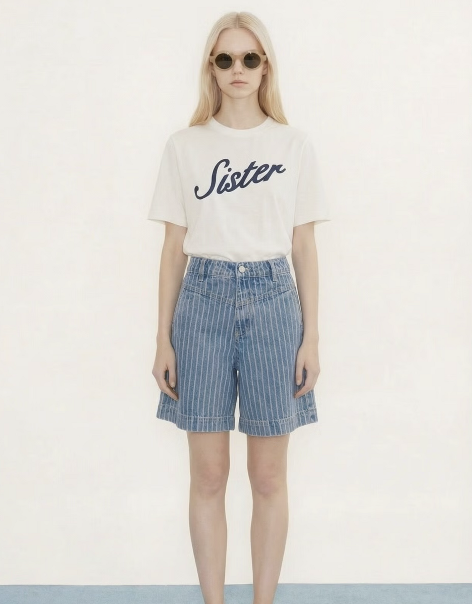 The Tiny Big Sister Bermuda ''Denim Striped' - Medium Wash Denim - The Tiny Big Sister