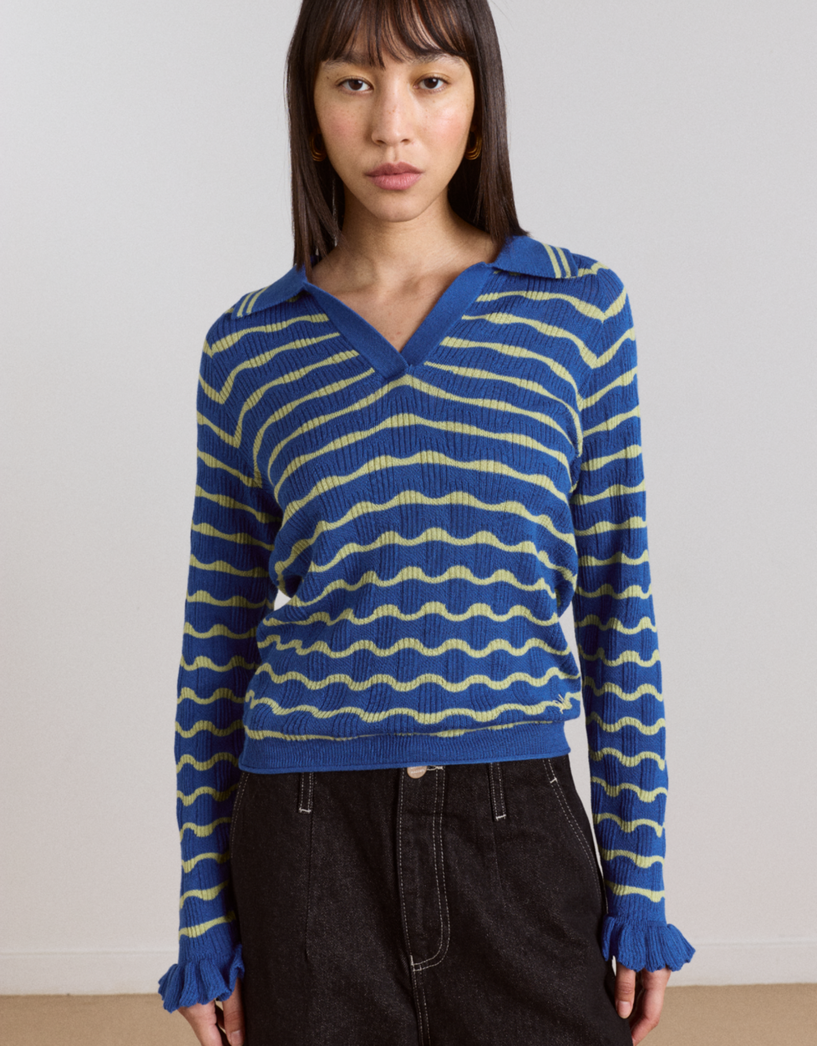 Damson Madder Polo Long Sleeve  'Silvia' - Blue/Mint - Damson Madder