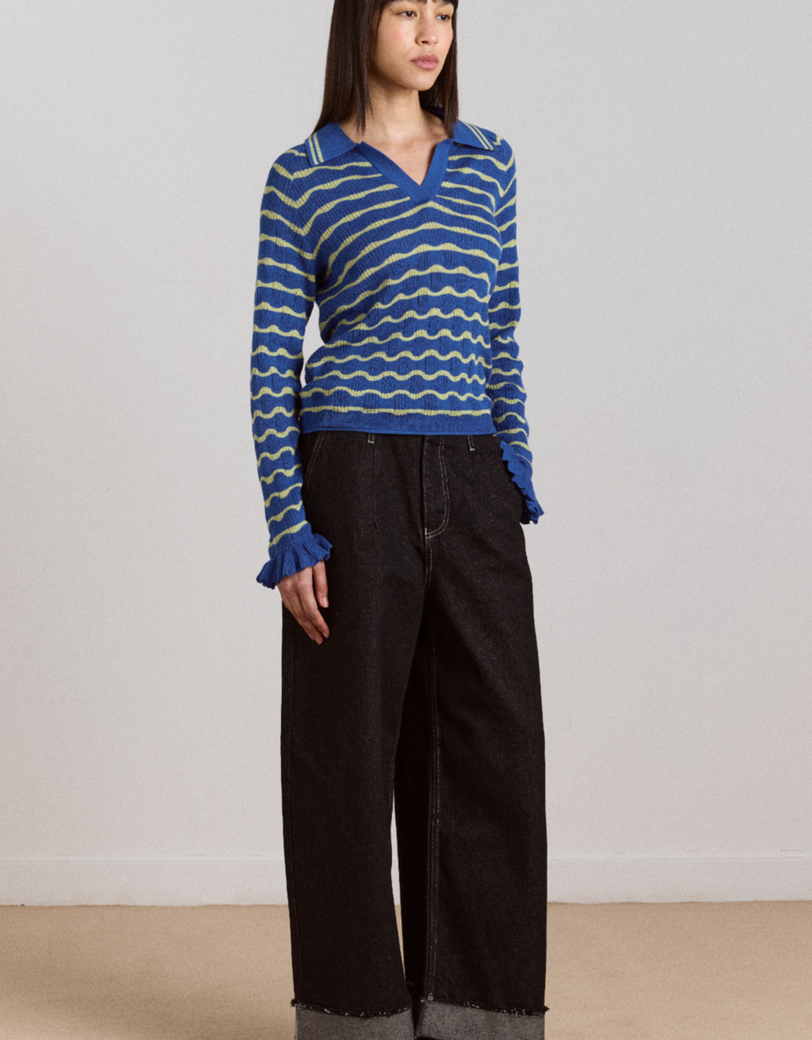 Damson Madder Polo Long Sleeve  'Silvia' - Blue/Mint - Damson Madder