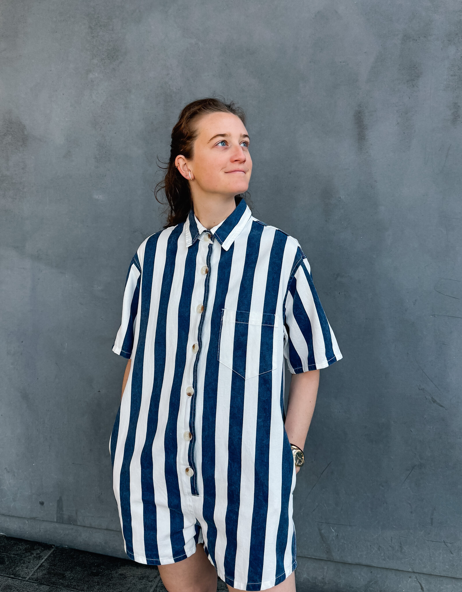 The Golden House Feel Playsuit Stripe 'Mila' - Navy/White