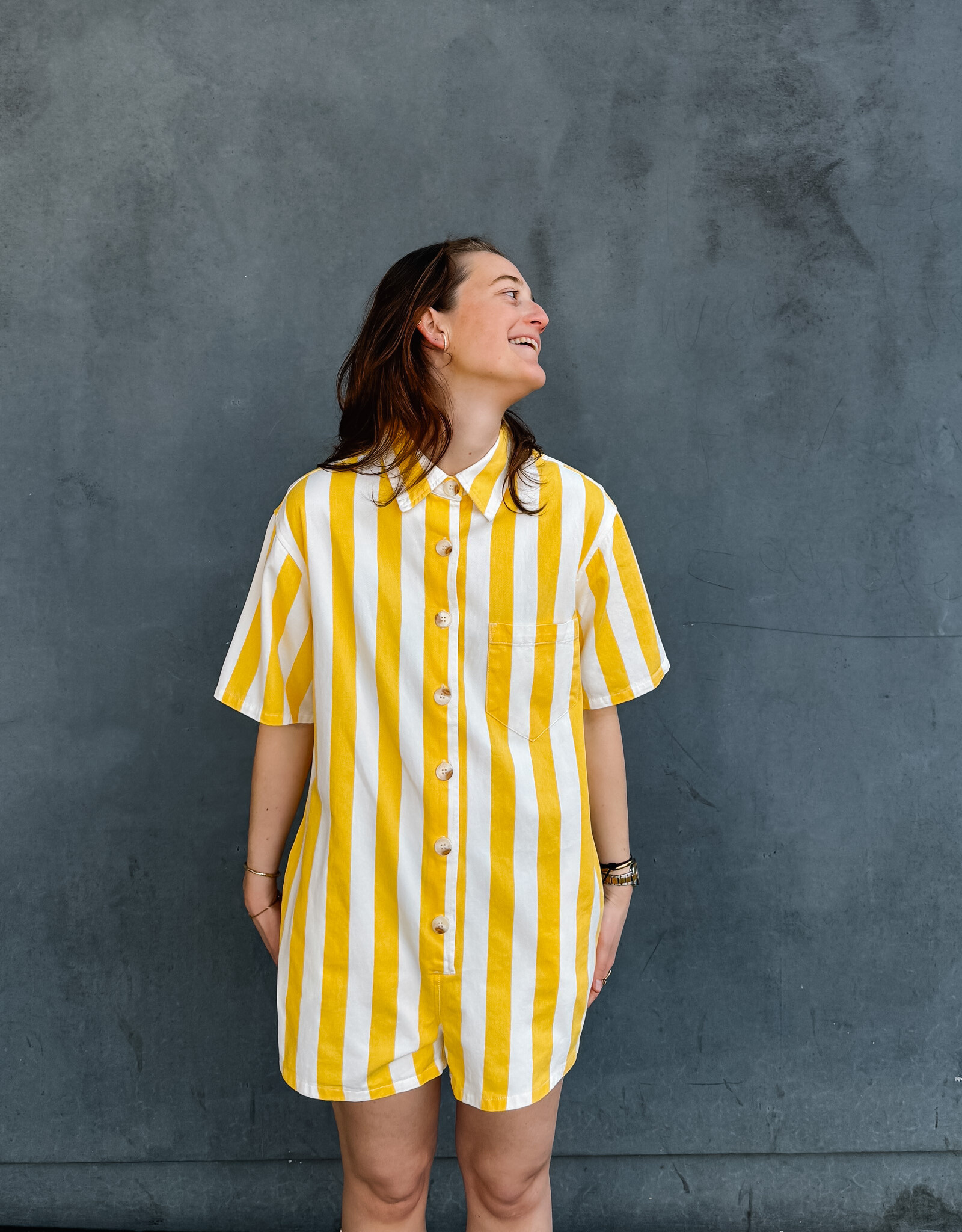 The Golden House Feel Playsuit Stripe 'Mila' - Yellow/White