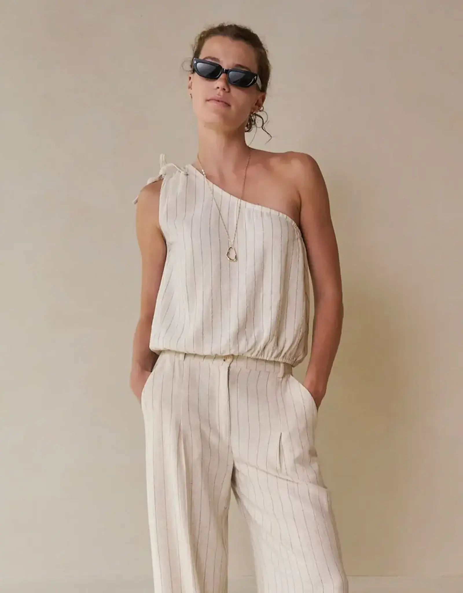 Another Label Top 'Desiree' - Sandshell Black Pinstripe - Another Label