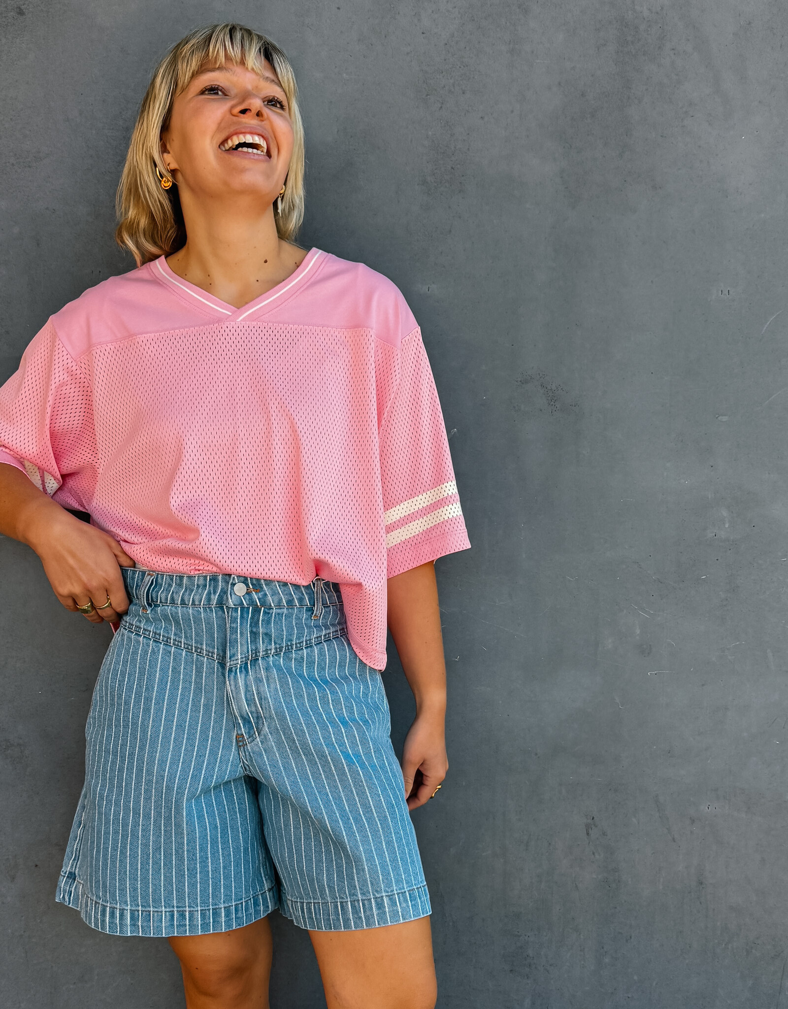 The Tiny Big Sister Bermuda ''Denim Striped' - Medium Wash Denim - The Tiny Big Sister