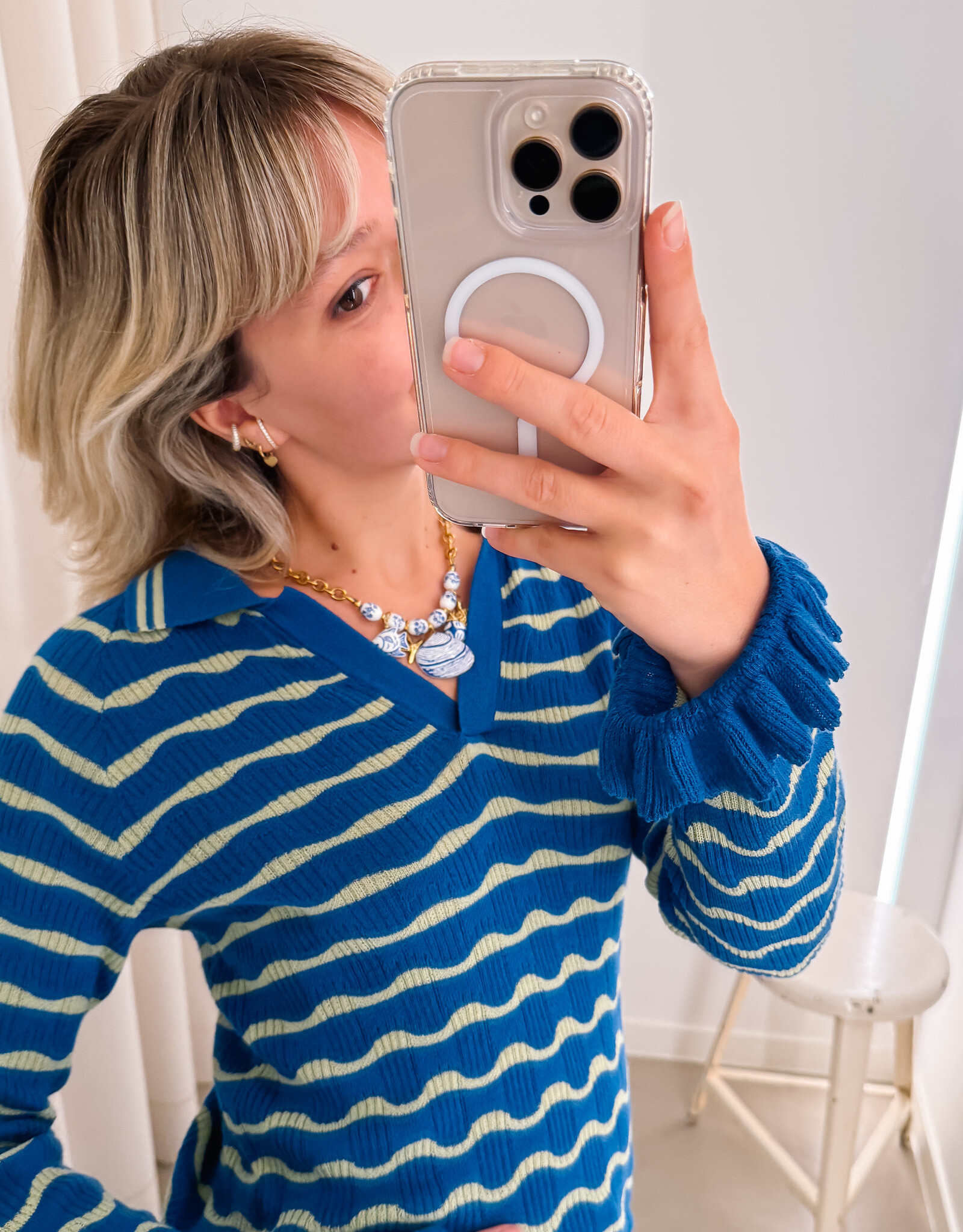 Damson Madder Polo Long Sleeve  'Silvia' - Blue/Mint - Damson Madder