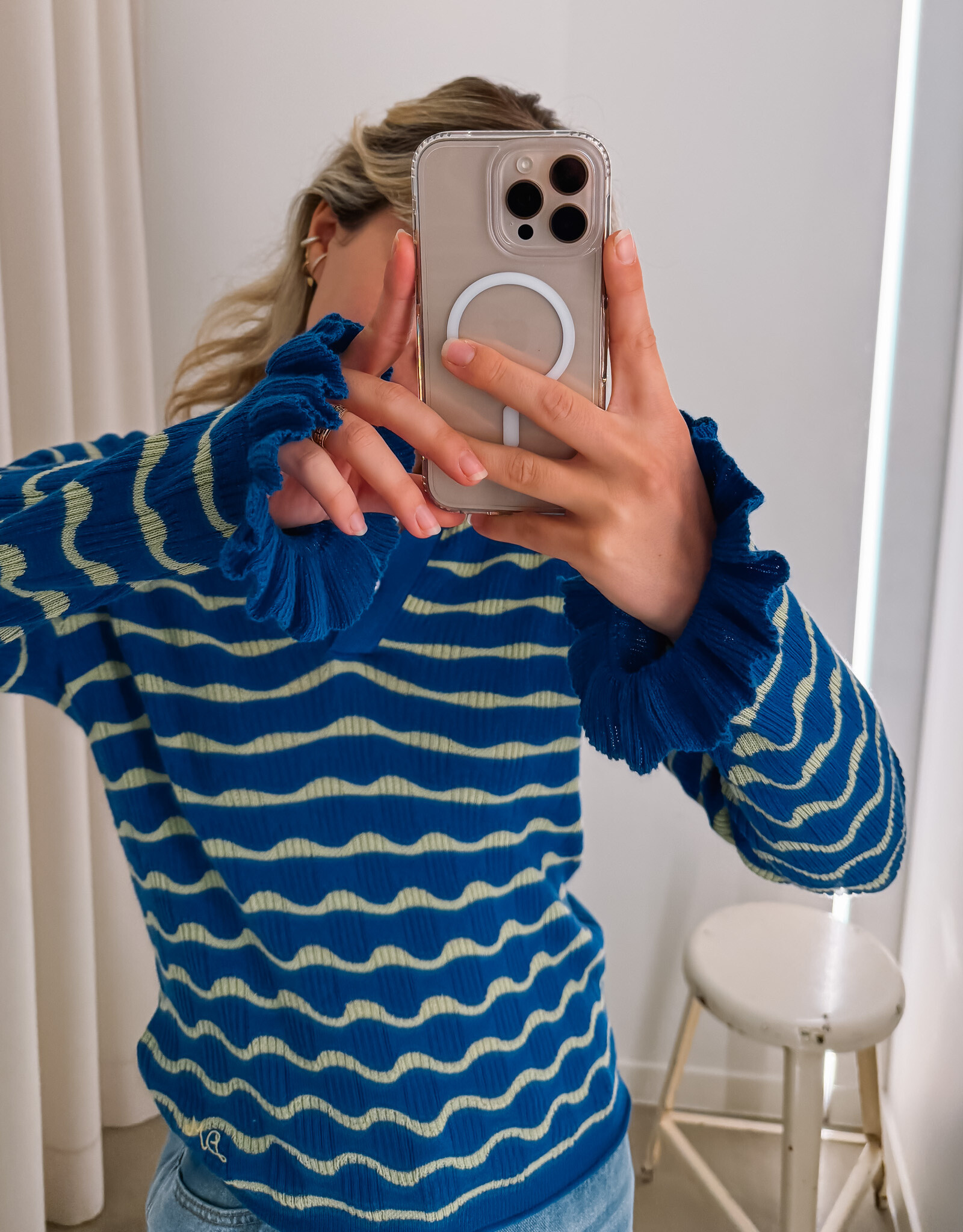 Damson Madder Polo Long Sleeve  'Silvia' - Blue/Mint - Damson Madder