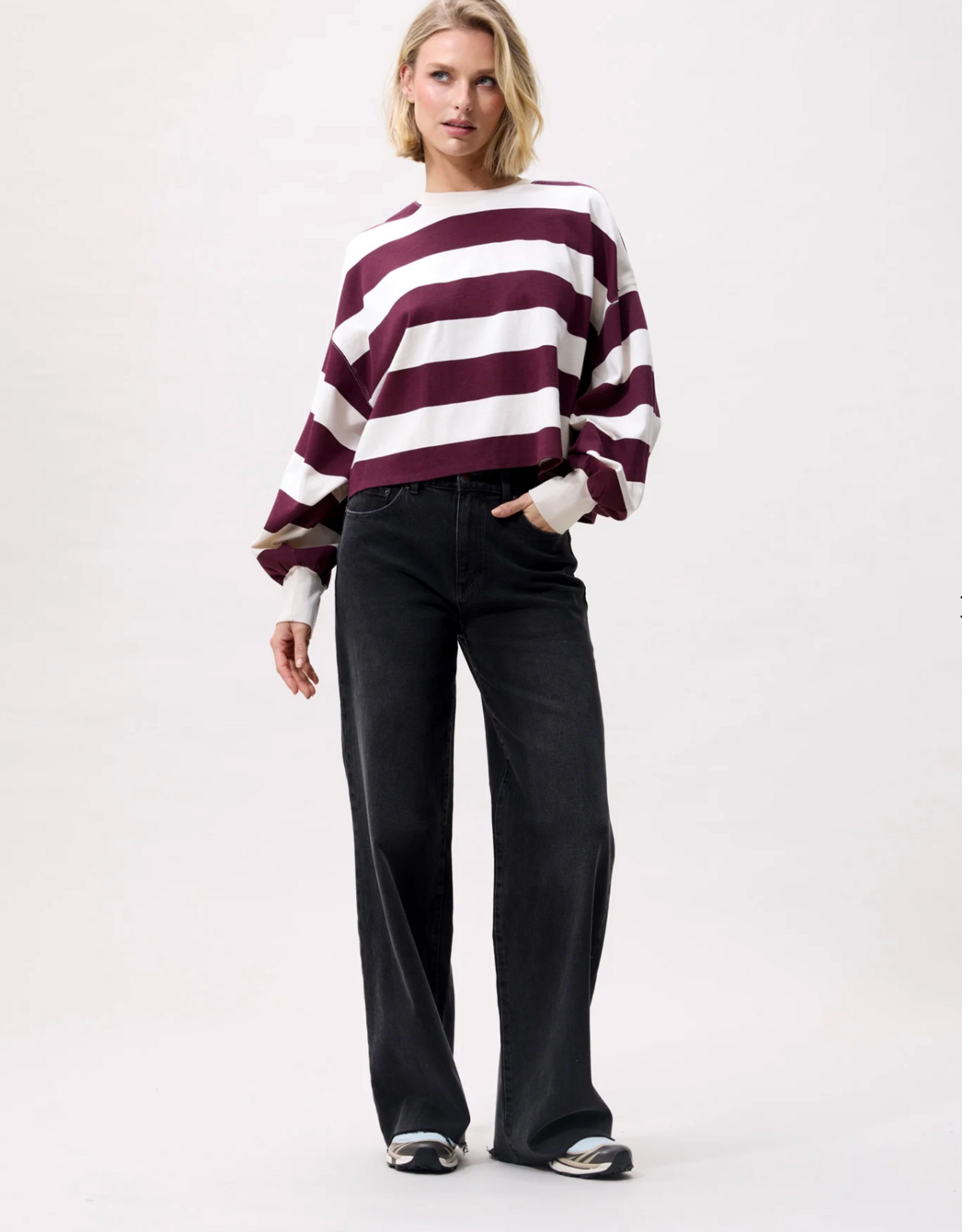 Catwalk Junkie T-Shirt Long Sleeve 'Oversized Striped' - Merlot - Catwalk Junkie