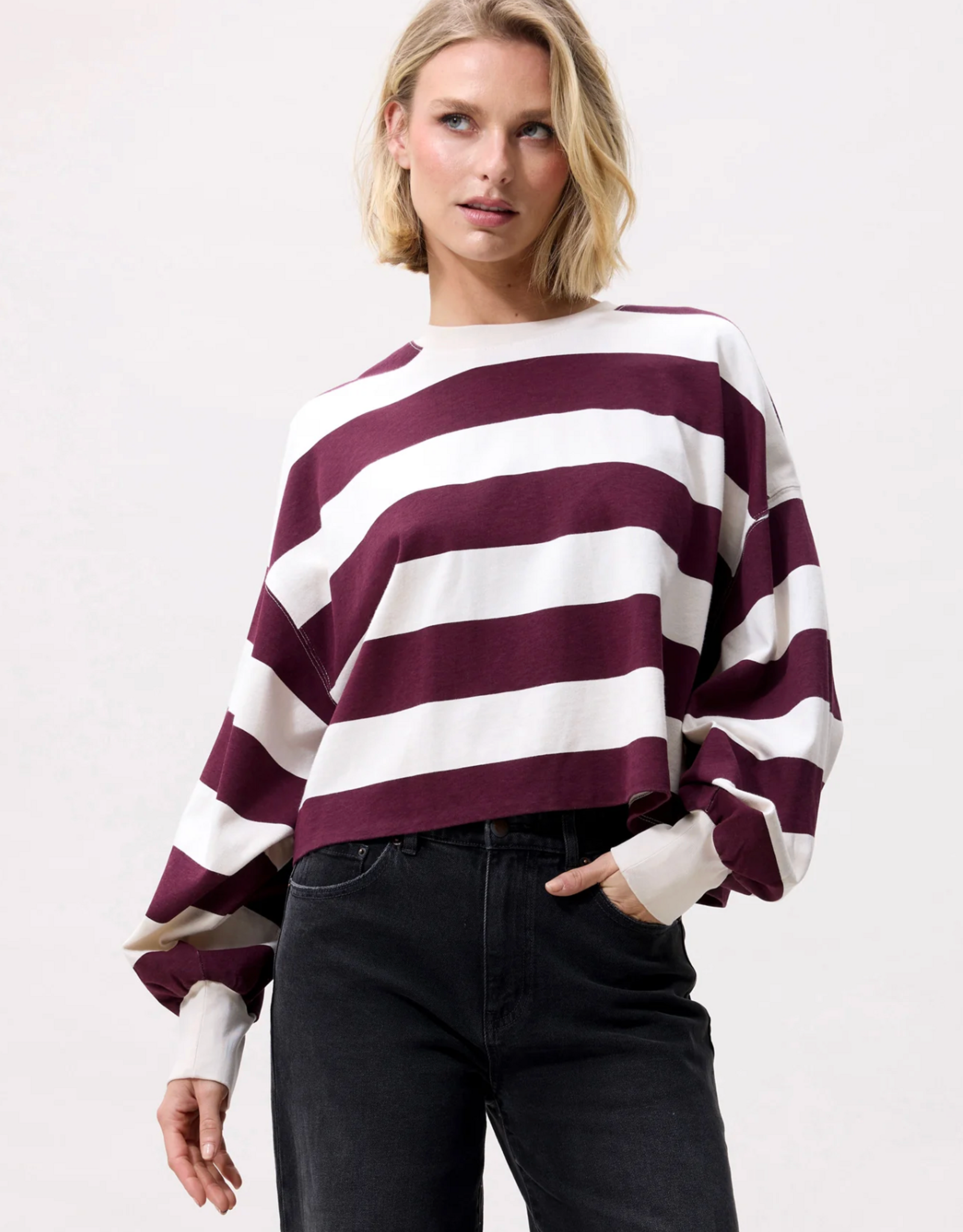 Catwalk Junkie T-Shirt Long Sleeve 'Oversized Striped' - Merlot - Catwalk Junkie