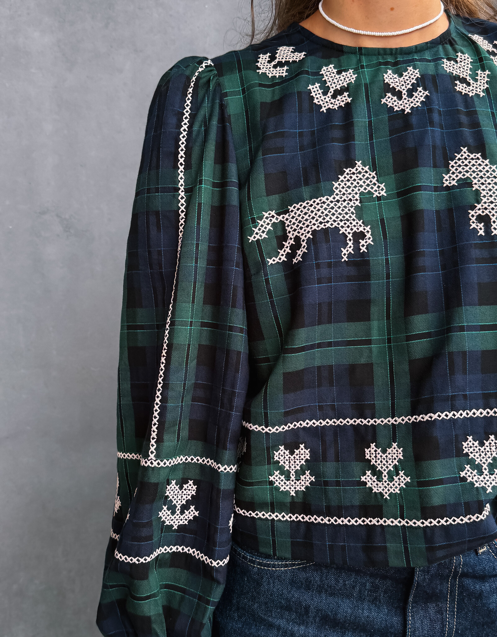 The Tiny Big Sister Blouse Check 'Puff Sleeves' - Navy/Dark Green - The Tiny Big Sister