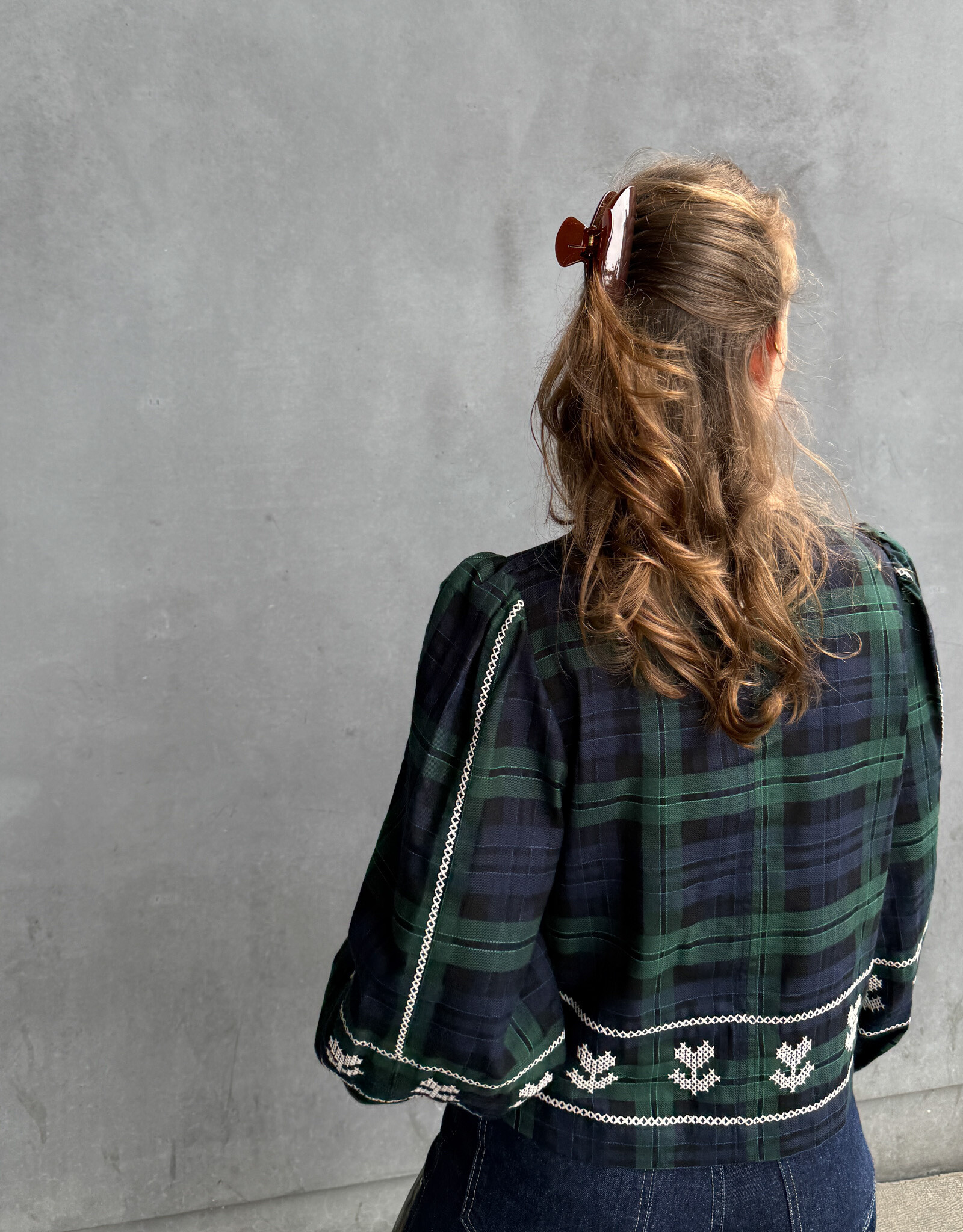 The Tiny Big Sister Blouse Check 'Puff Sleeves' - Navy/Dark Green - The Tiny Big Sister