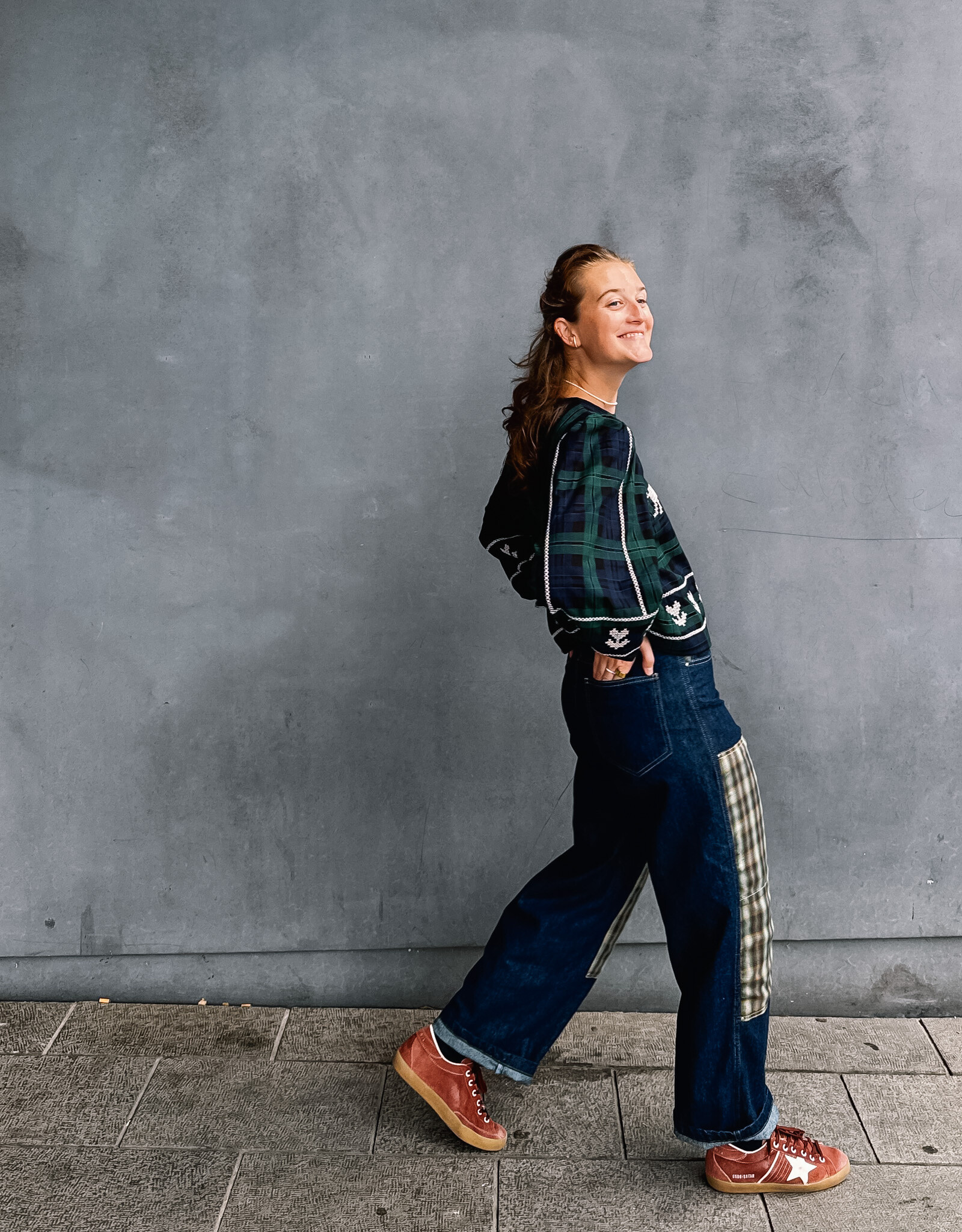 The Tiny Big Sister Blouse Check 'Puff Sleeves' - Navy/Dark Green - The Tiny Big Sister
