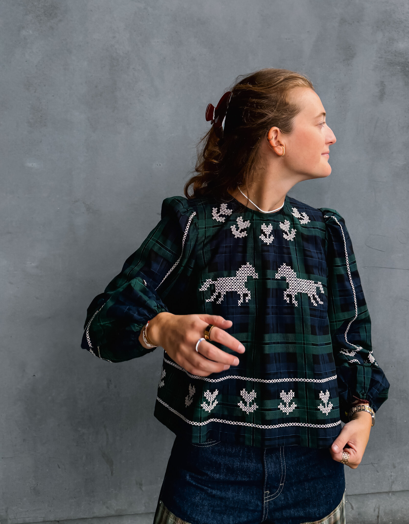 The Tiny Big Sister Blouse Check 'Puff Sleeves' - Navy/Dark Green - The Tiny Big Sister