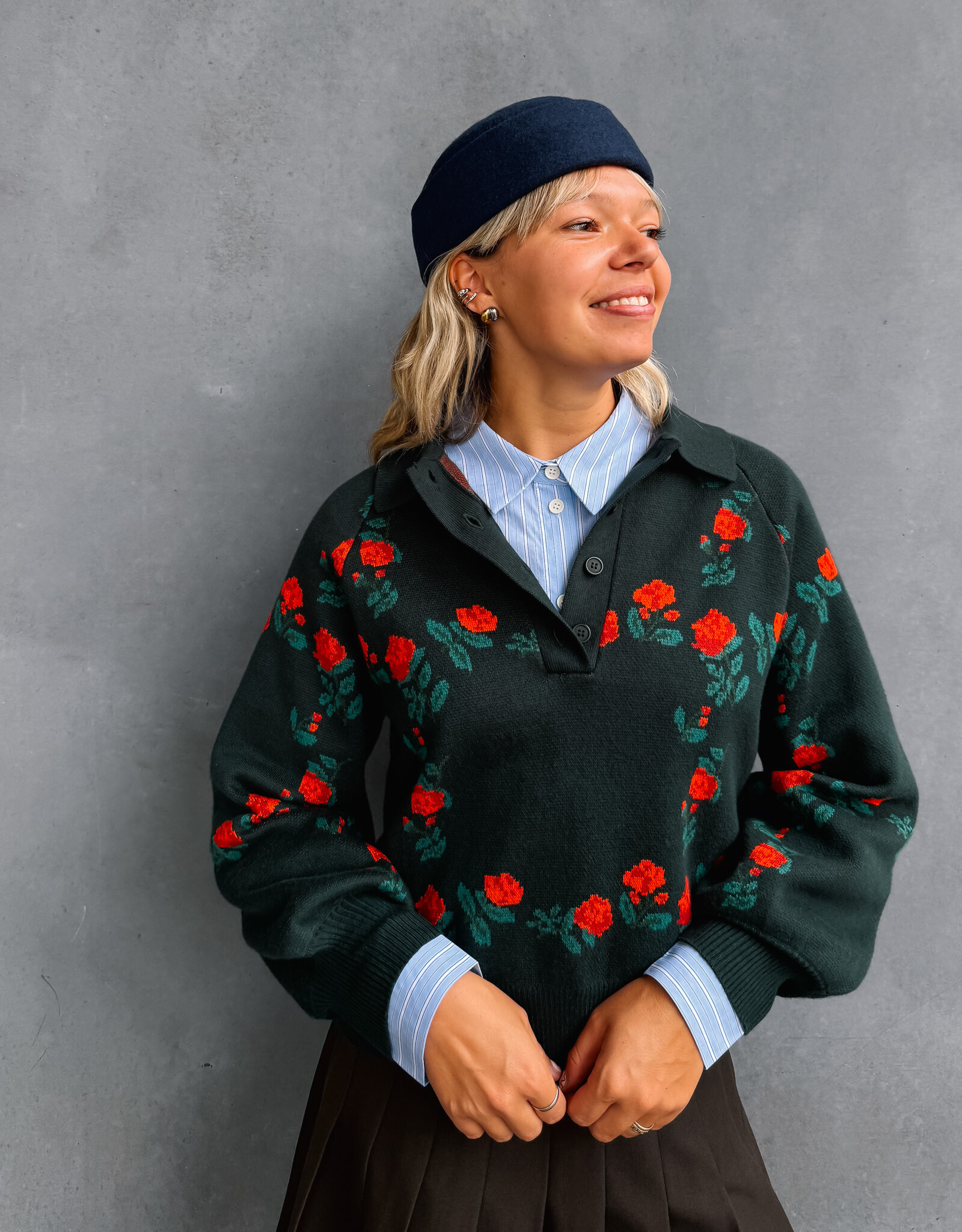 The Tiny Big Sister Pull Polo 'Roses' - Ink Blue - The Tiny Big Sister