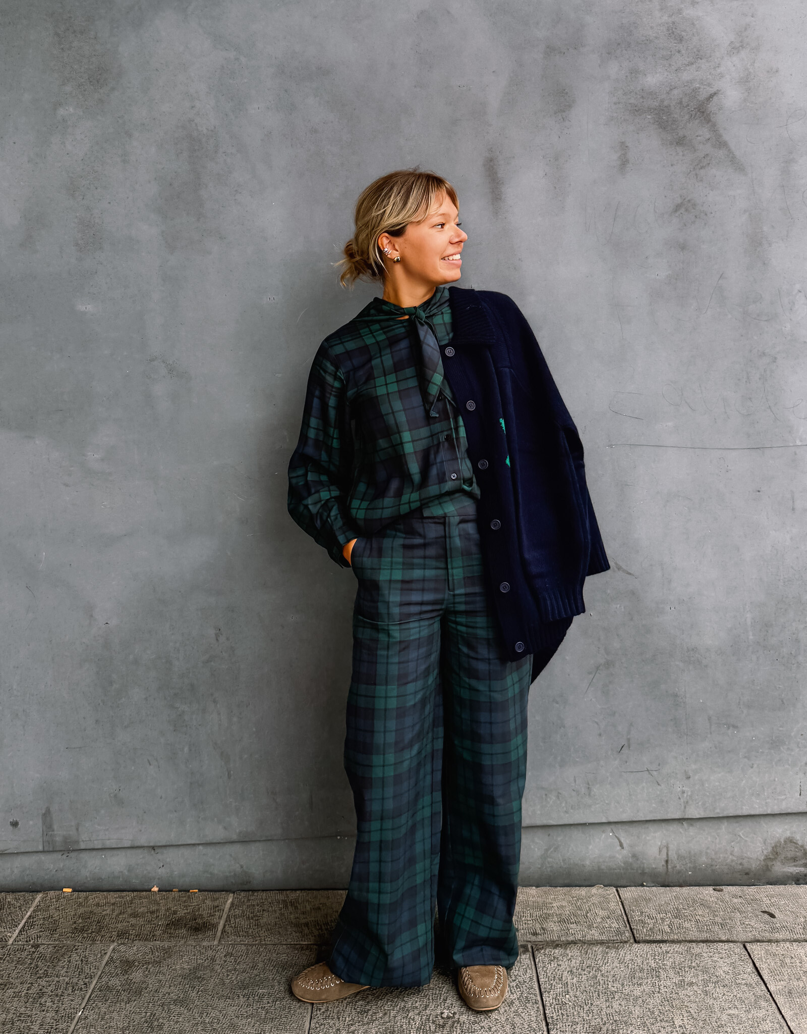 The Tiny Big Sister Blouse Check 'Scarf Neck' - Deep Blue/Dark Green - The Tiny Big Sister