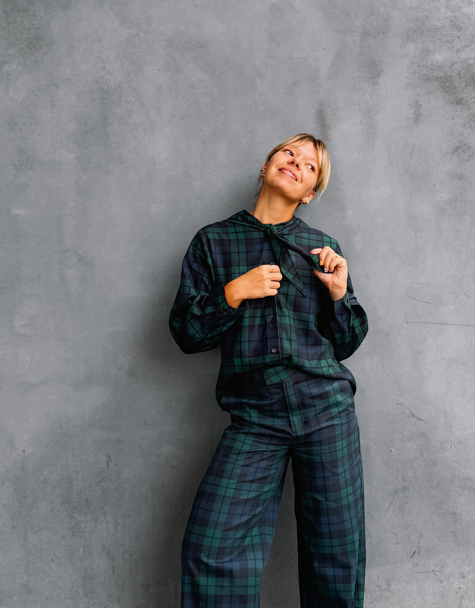 The Tiny Big Sister Blouse Check 'Scarf Neck' - Deep Blue/Dark Green - The Tiny Big Sister