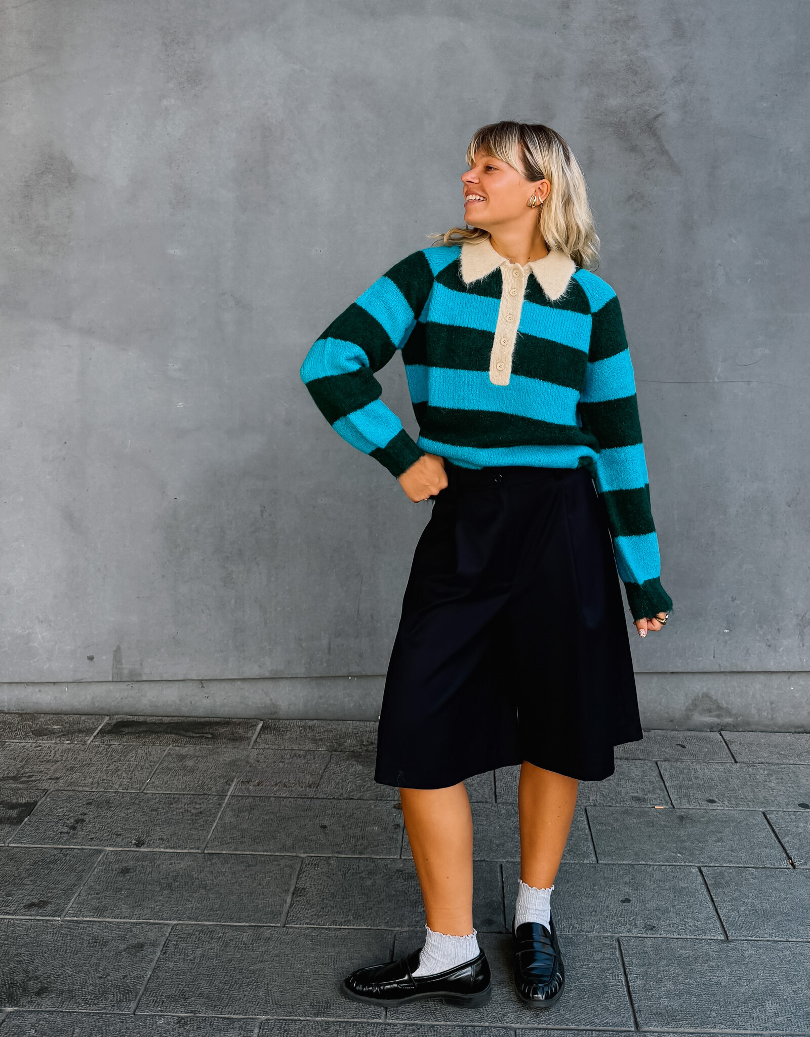 The Tiny Big Sister Pull Polo Striped 'Frank' - Bottle Green/Cyan - The Tiny Big Sister