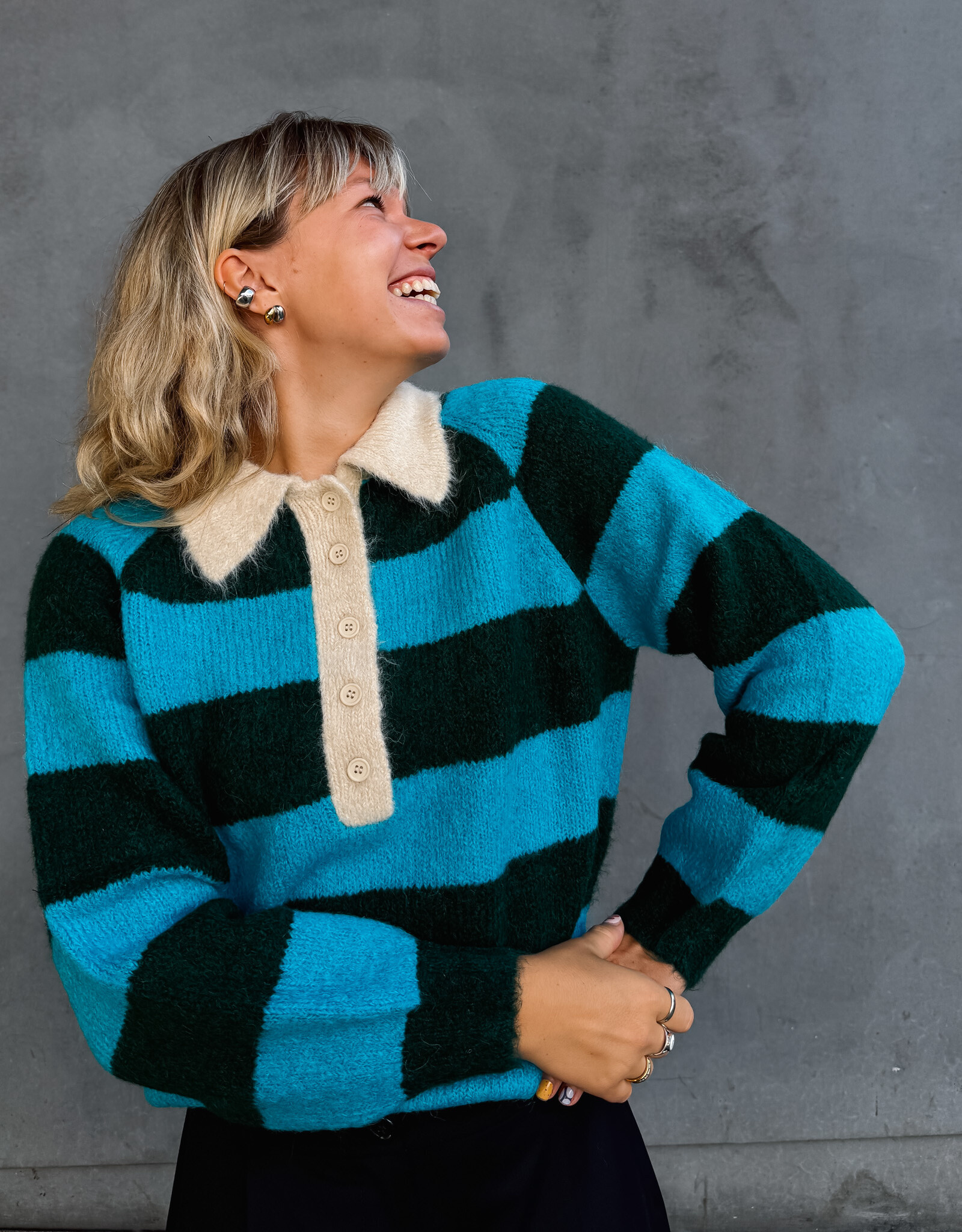 The Tiny Big Sister Pull Polo Striped 'Frank' - Bottle Green/Cyan - The Tiny Big Sister