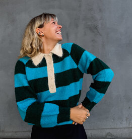 The Tiny Big Sister Pull Polo Striped 'Frank' - Bottle Green/Cyan - The Tiny Big Sister