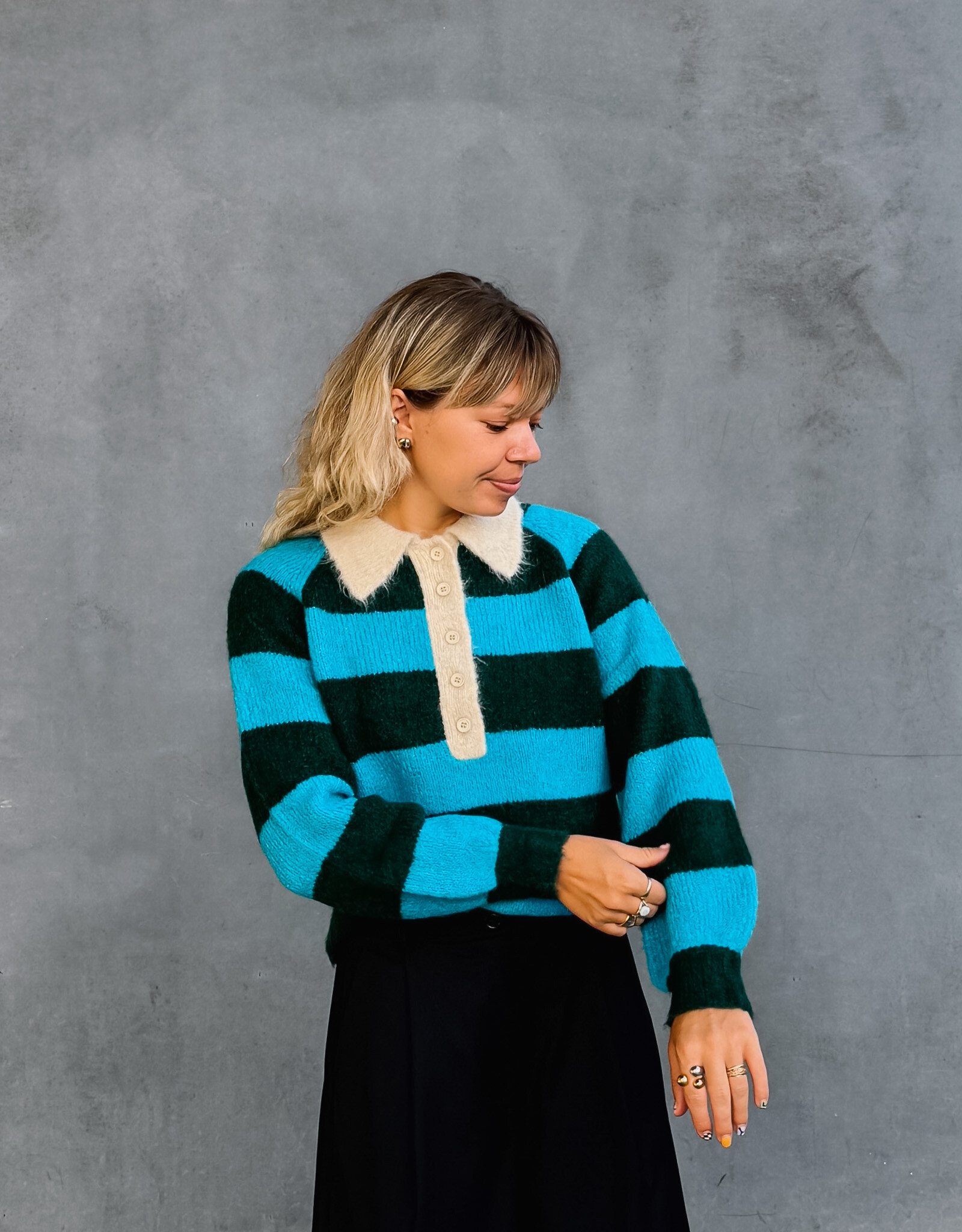 The Tiny Big Sister Pull Polo Striped 'Frank' - Bottle Green/Cyan - The Tiny Big Sister