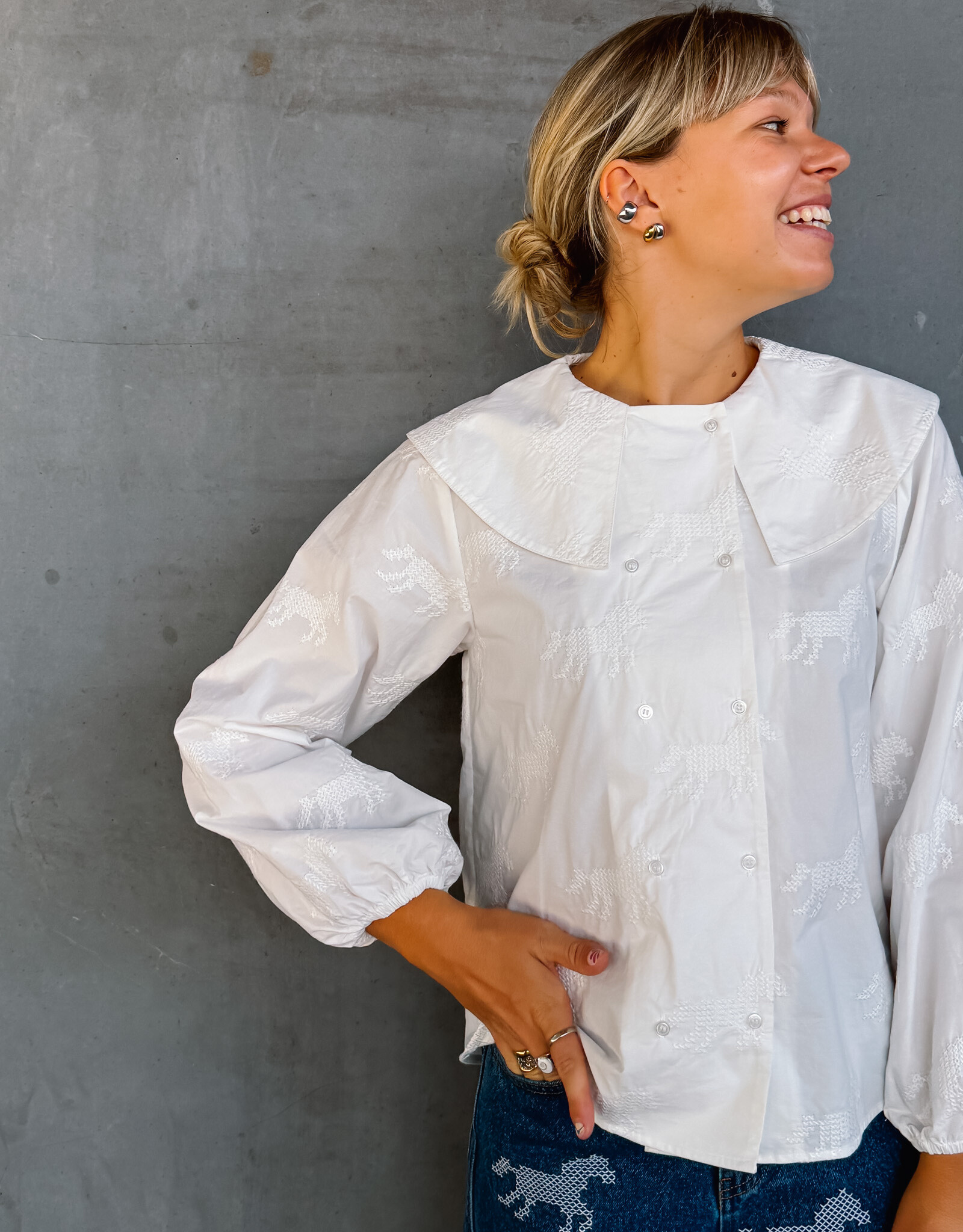 The Tiny Big Sister Blouse  'Horses Buttoned' - Off White - The Tiny Big Sister