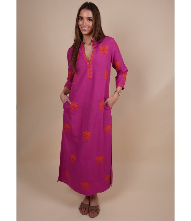 Sapphire long kaftan berry/flamingo embr.