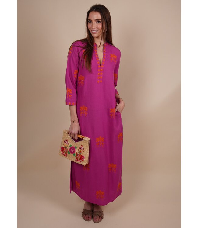 Sapphire long kaftan berry/flamingo embr.